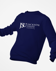 Navy unisex crewneck sweatshirt, JSU 1877 logo on back