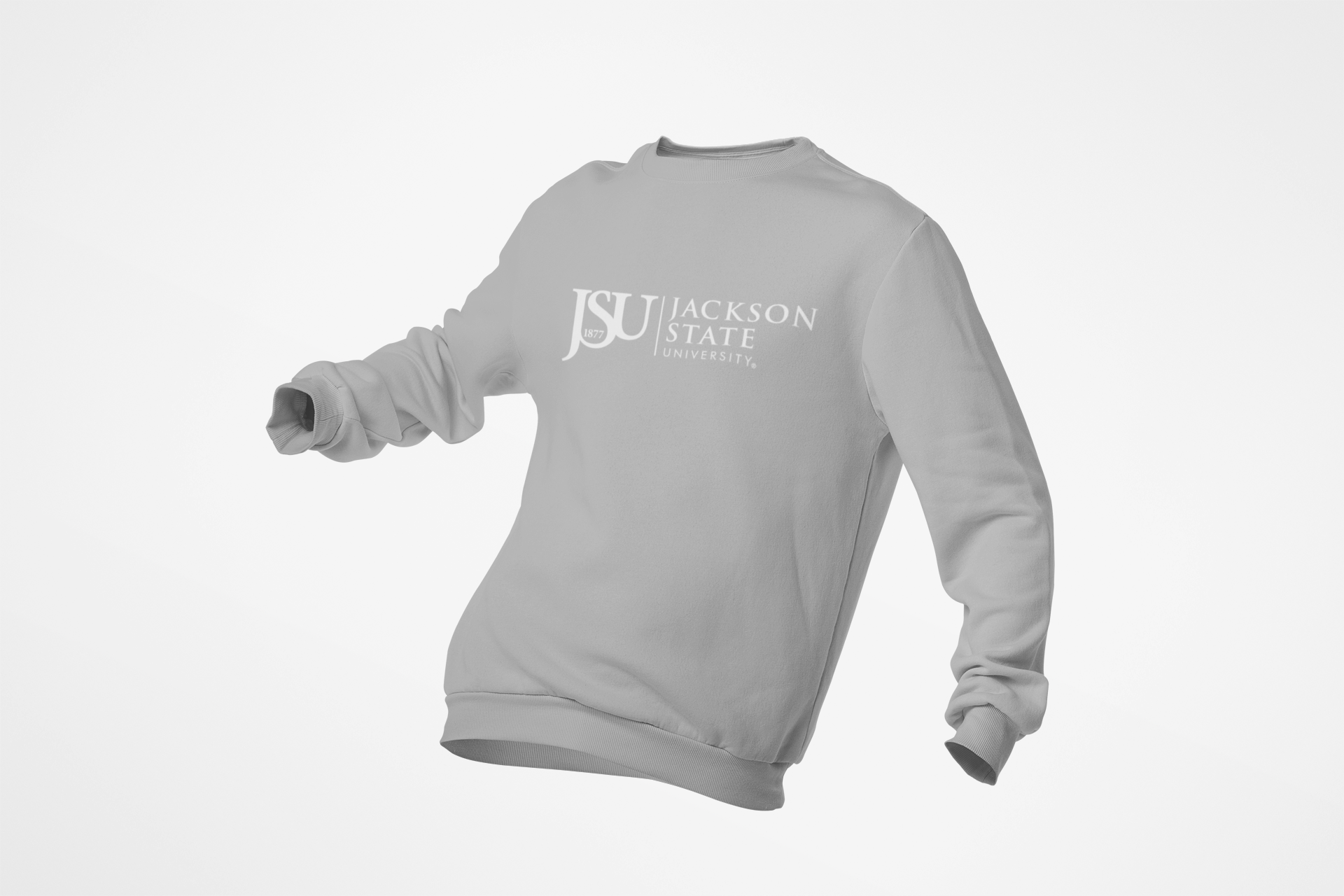 Gray unisex crewneck sweatshirt, JSU 1877 logo on back