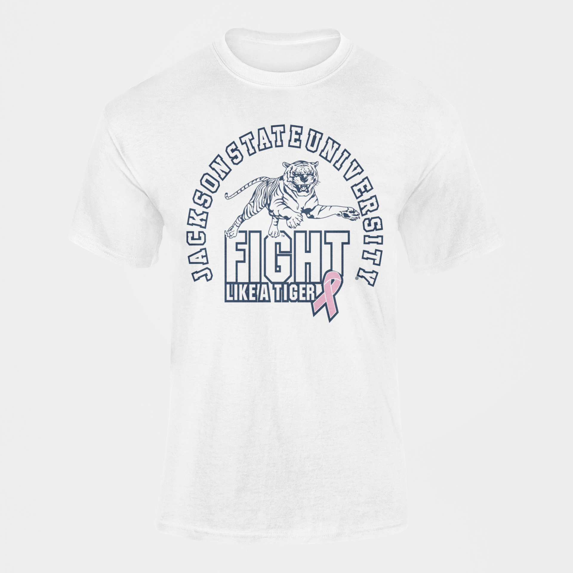 White unisex crewneck T-shirt with tiger fight graphic and pink awareness ribbon