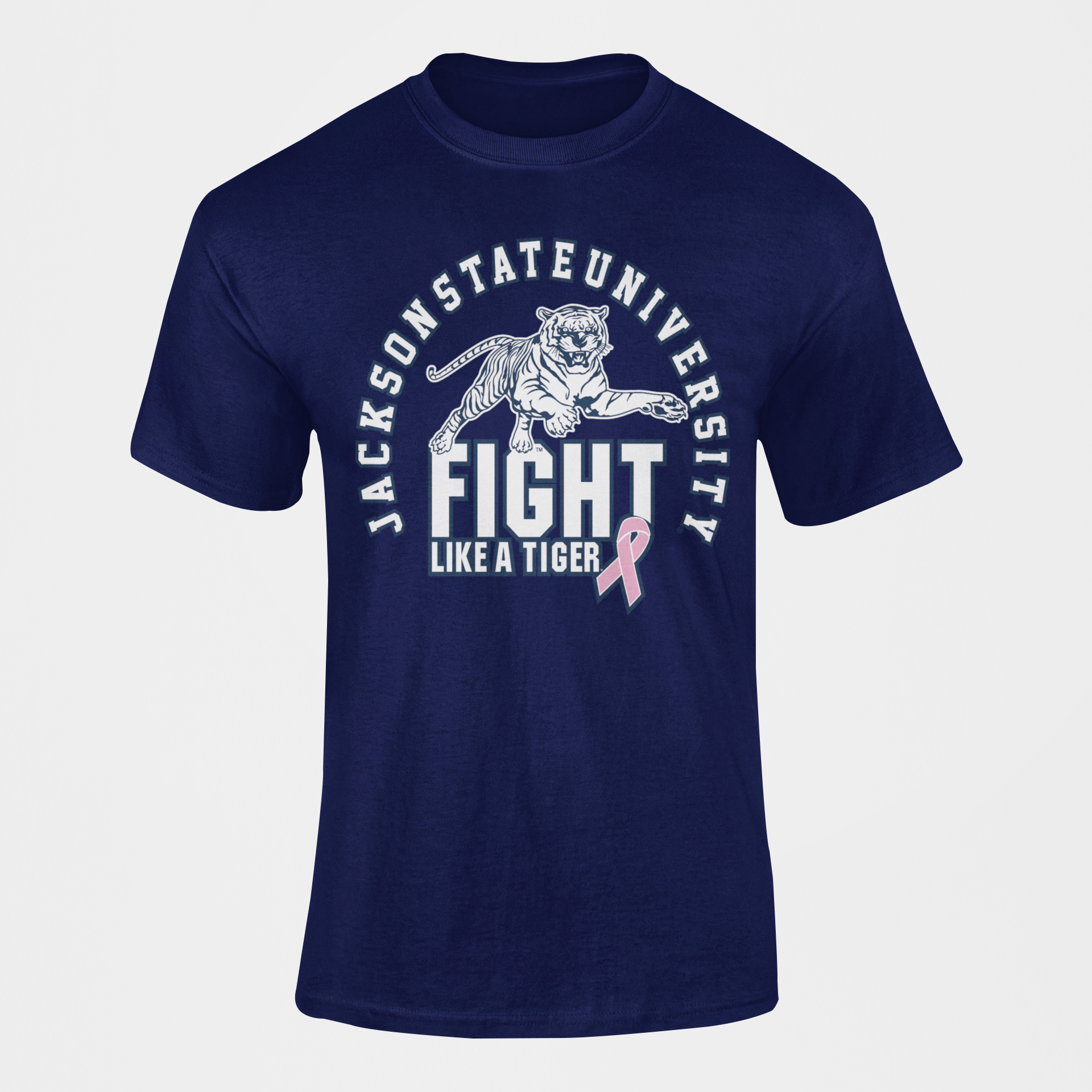 Navy blue unisex crewneck T-shirt with circular tiger fight graphic and ribbon