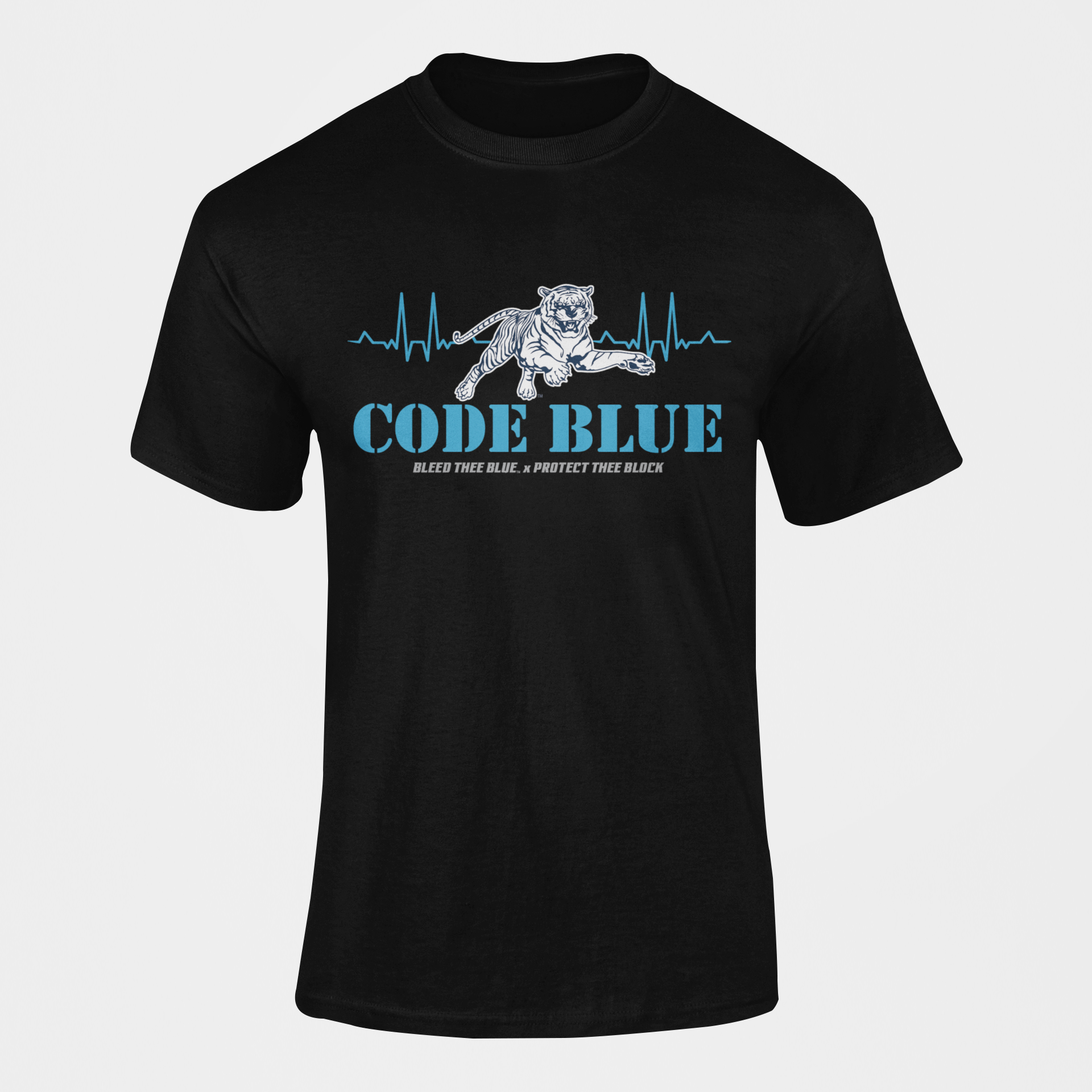 Black unisex crewneck T-shirt with Code Blue tiger graphic and heartbeat waveform print