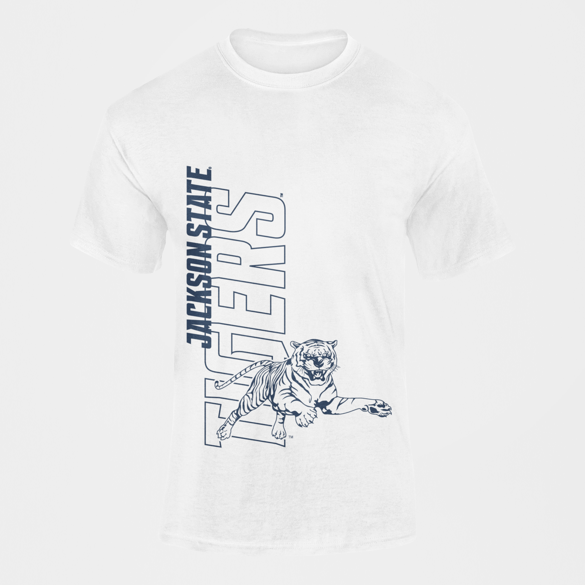 Unisex crewneck T-shirt in white with leaping tiger graphic and blue outlined lettering