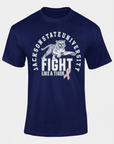 Navy blue unisex crewneck T-shirt with circular tiger fight graphic and ribbon