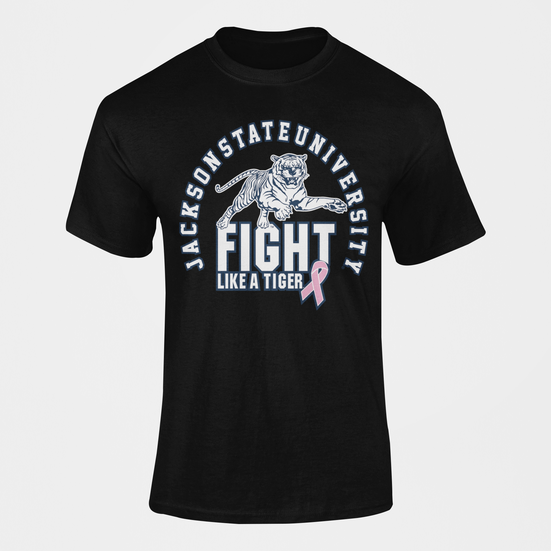 Black unisex crewneck T-shirt with tiger fight graphic and pink ribbon awareness