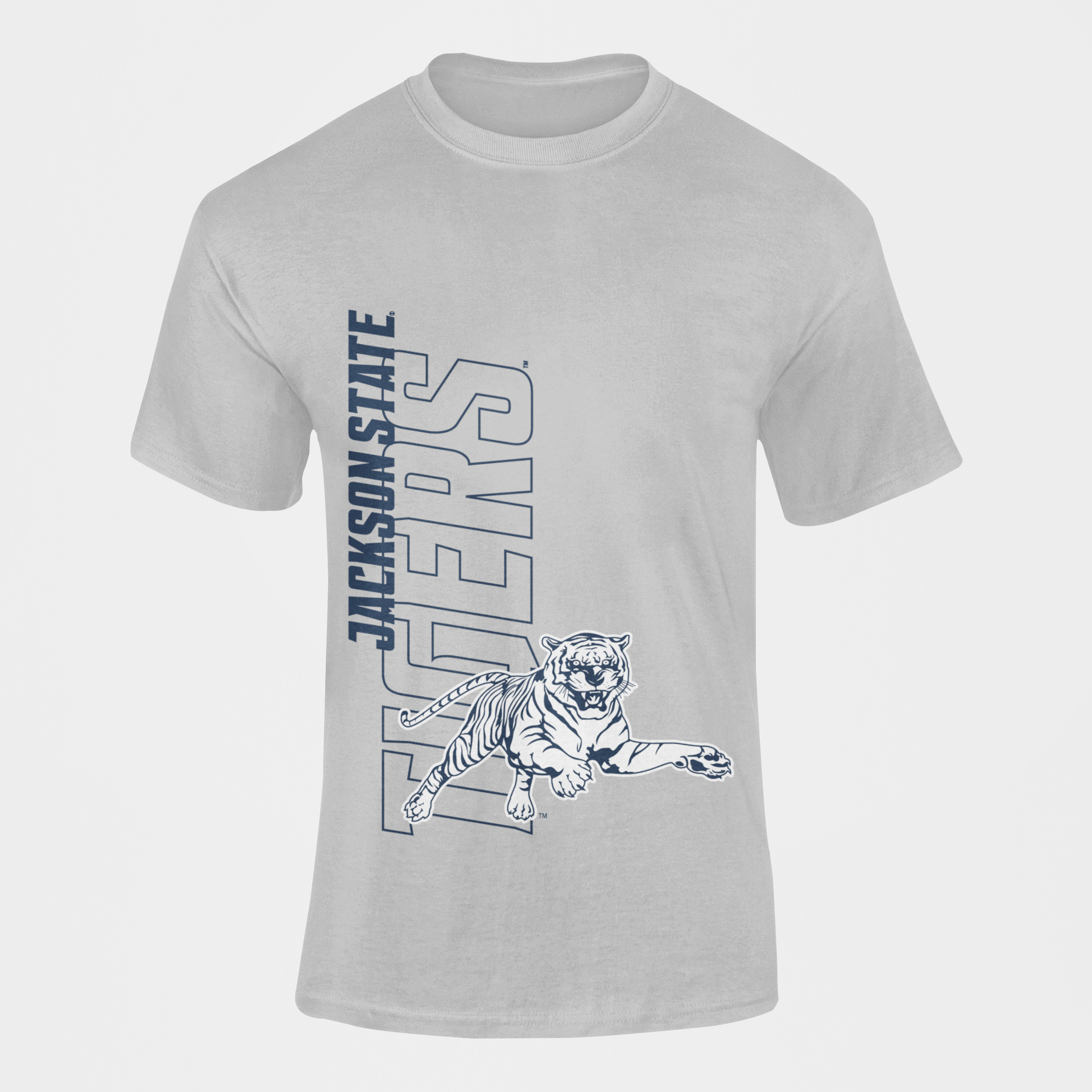Unisex crewneck T-shirt in athletic heather gray with leaping tiger graphic and blue text