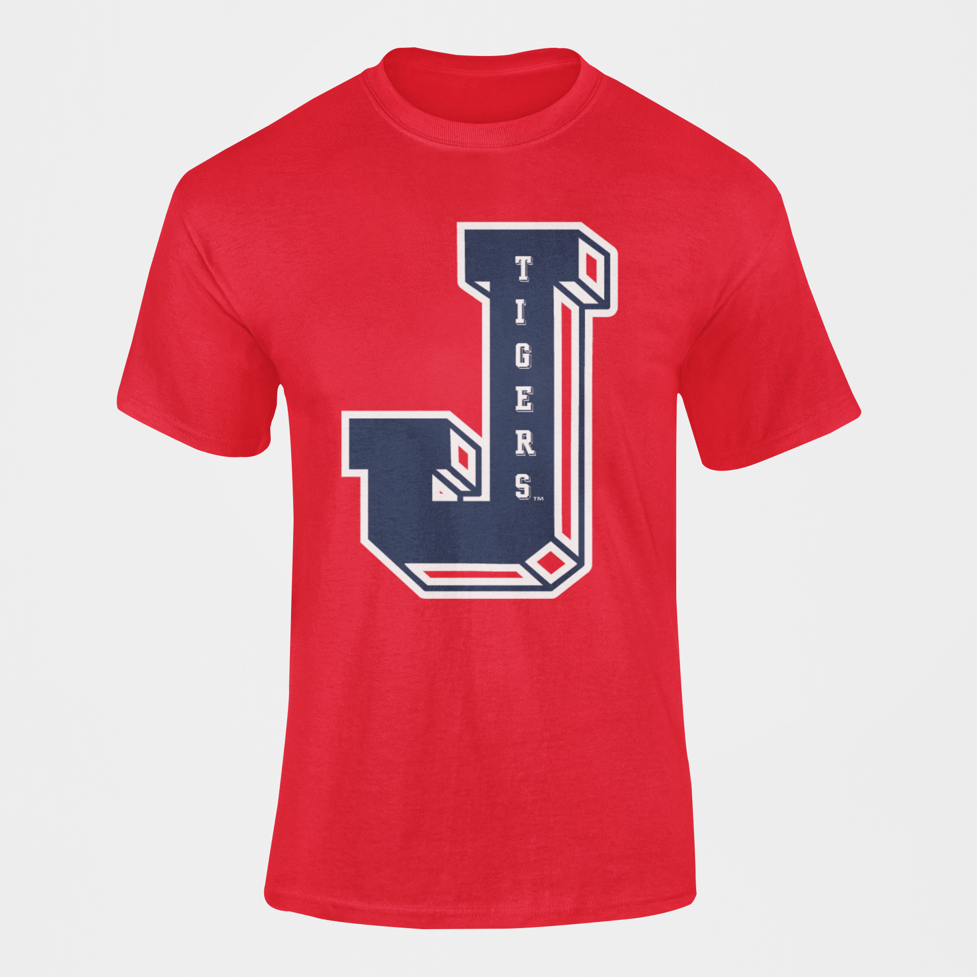 Unisex crewneck T-shirt in red with large front J Tigers graphic