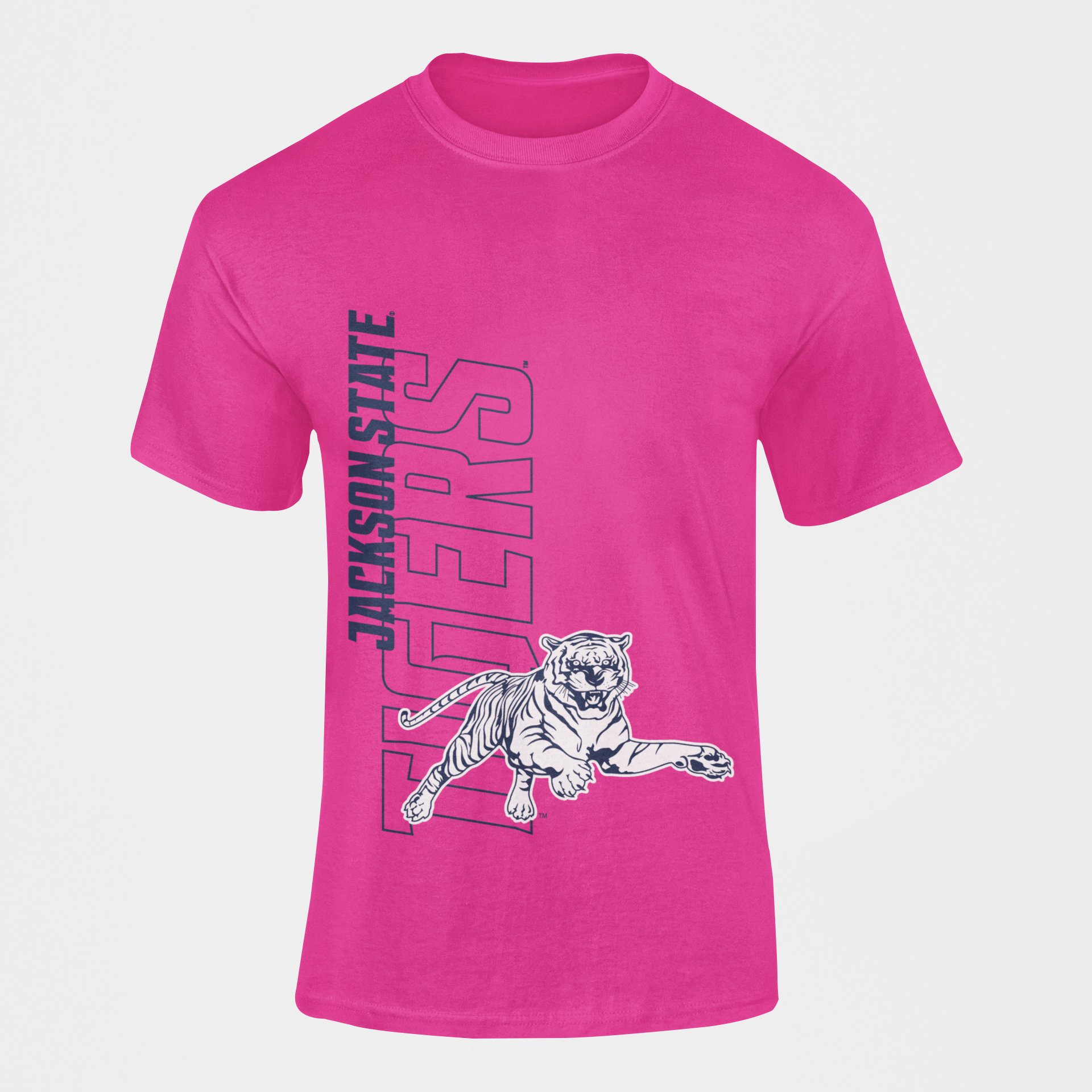 Unisex crewneck T-shirt in hot pink with leaping tiger graphic and vertical lettering