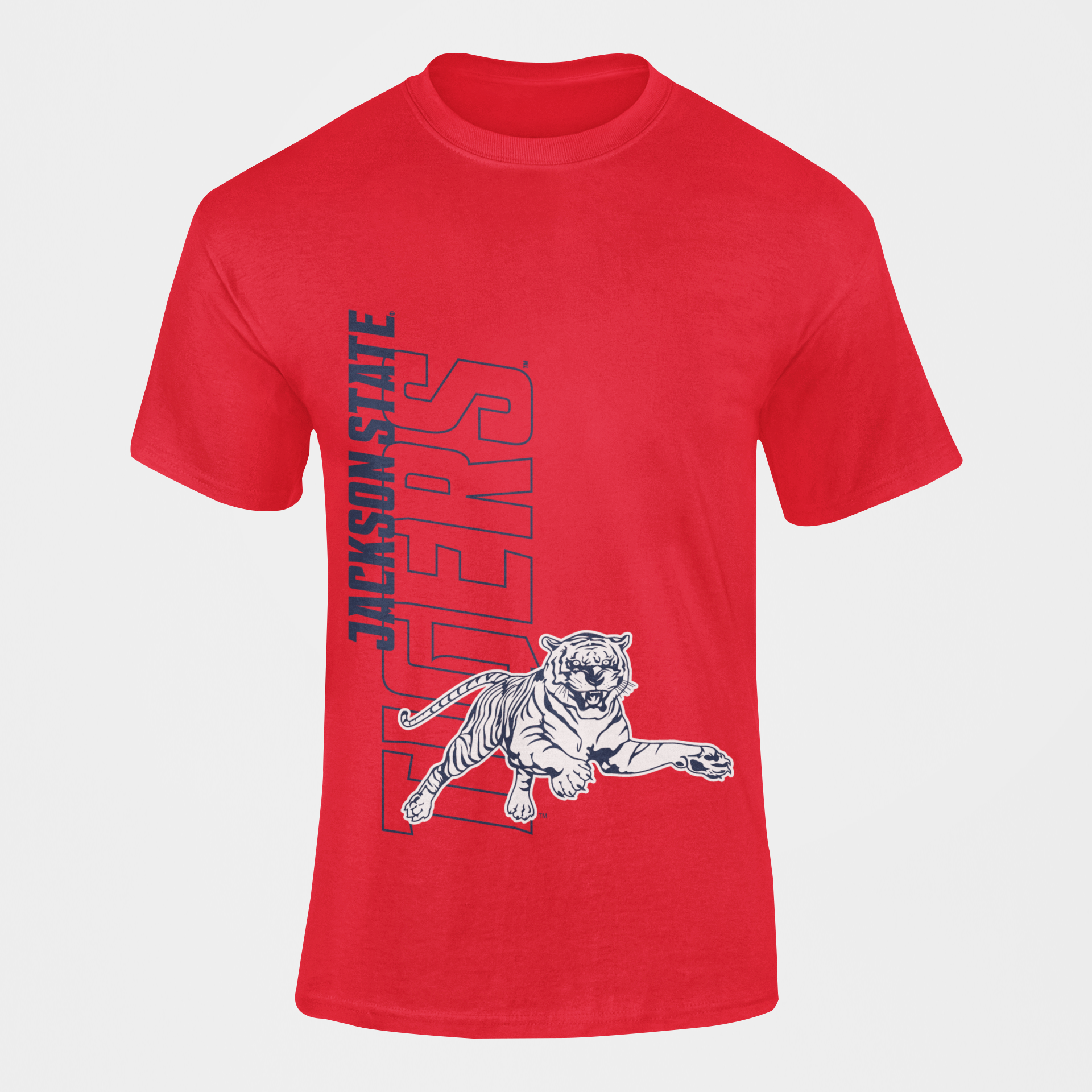 Unisex crewneck T-shirt in red with leaping tiger graphic and vertical lettering