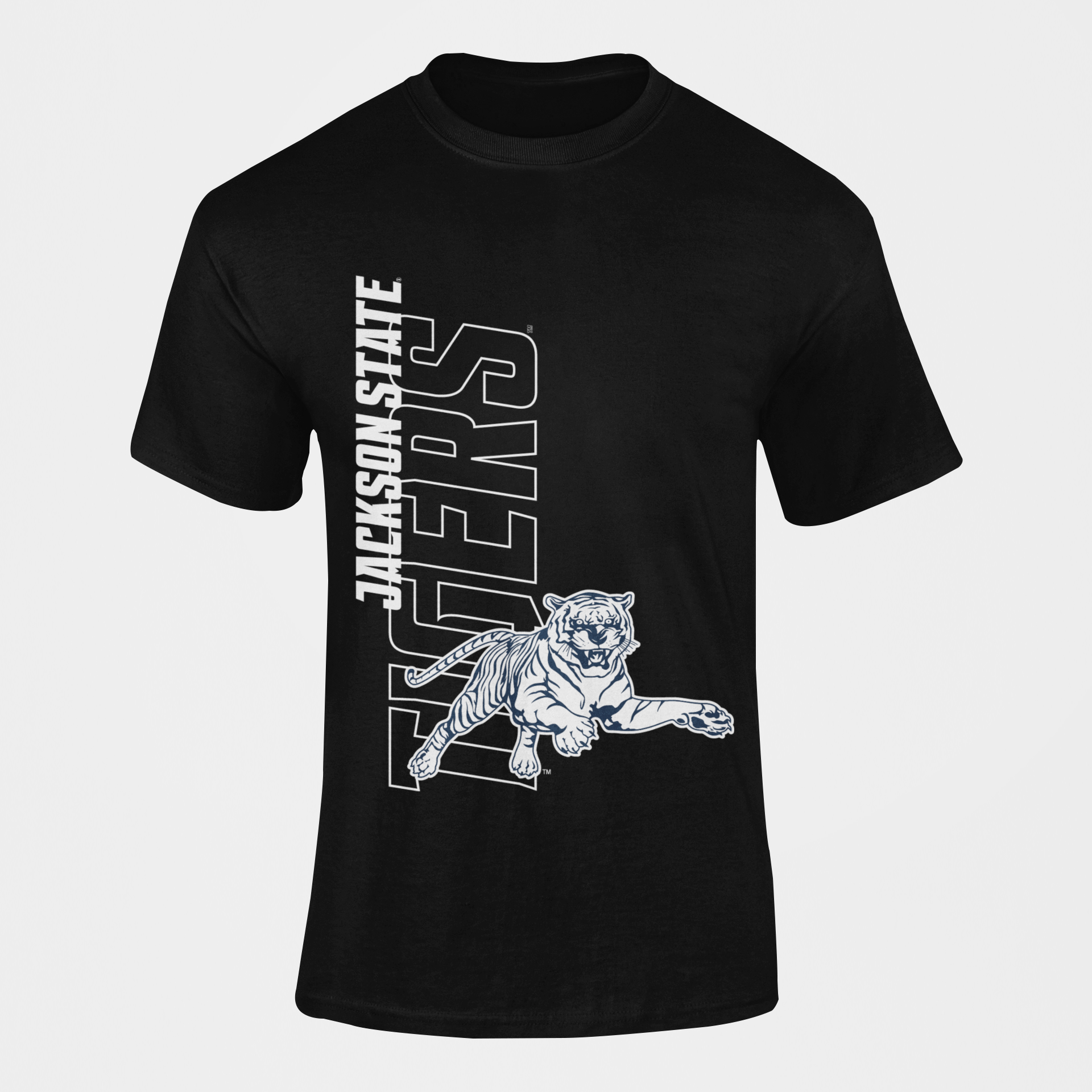 Unisex crewneck black T-shirt with Jackson State tiger and logo graphic