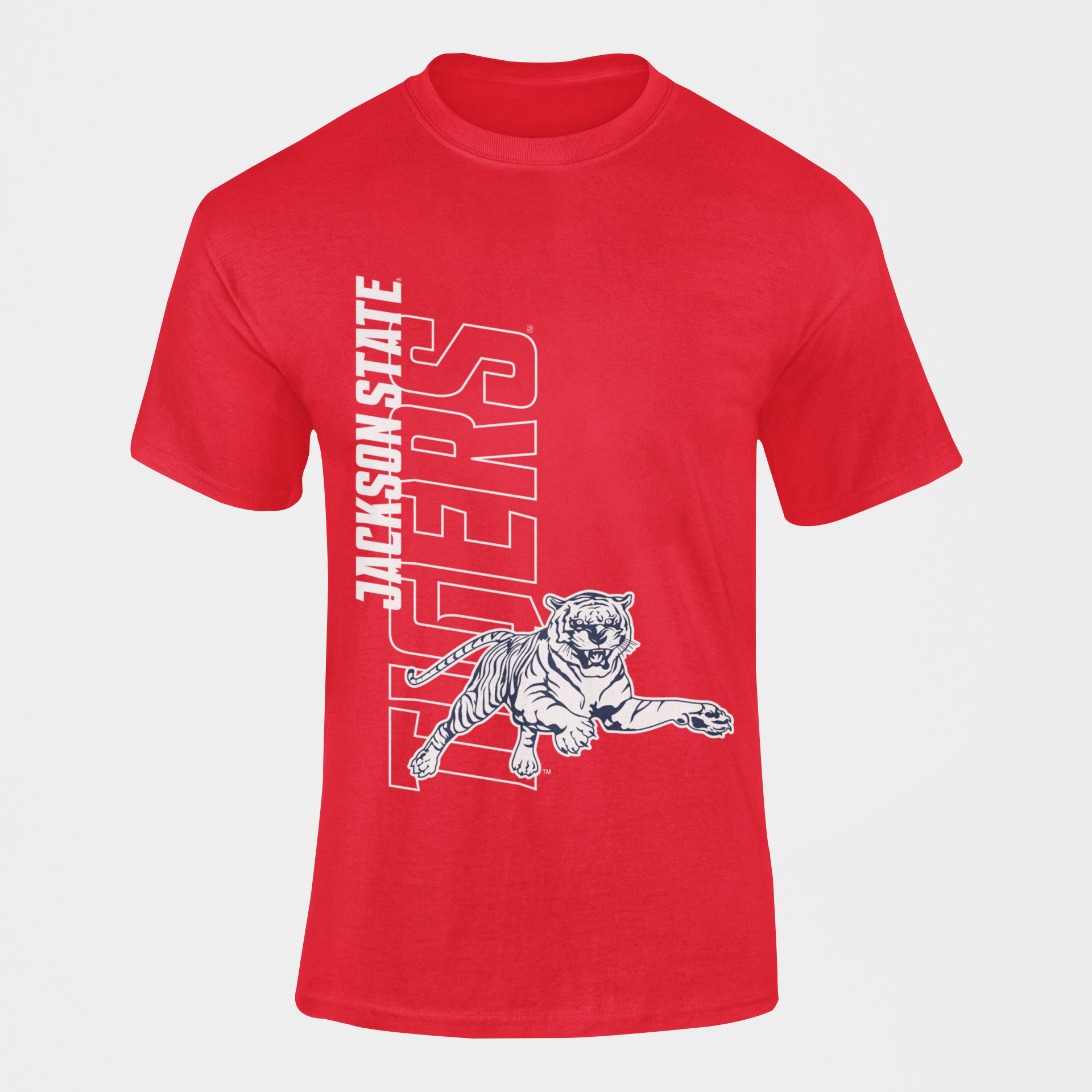 Unisex crewneck red T-shirt with Jackson State tiger and logo graphic