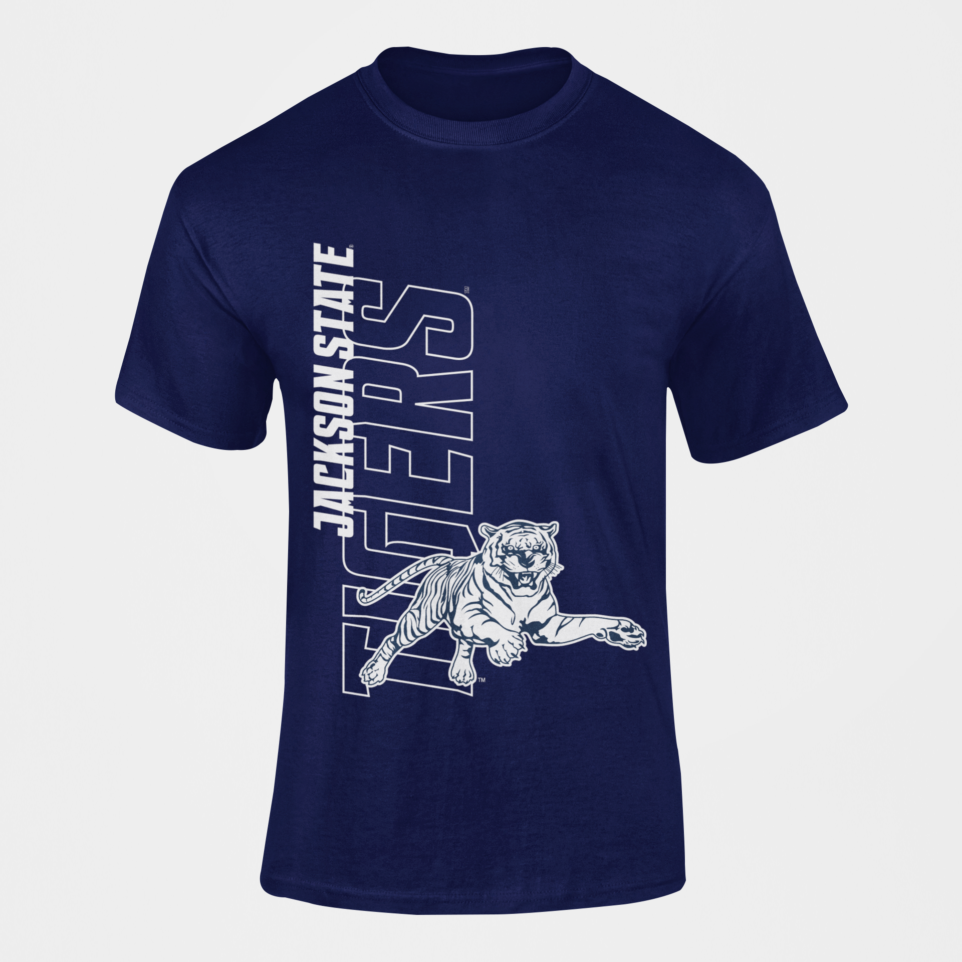 Unisex crewneck navy T-shirt with Jackson State tiger and logo graphic