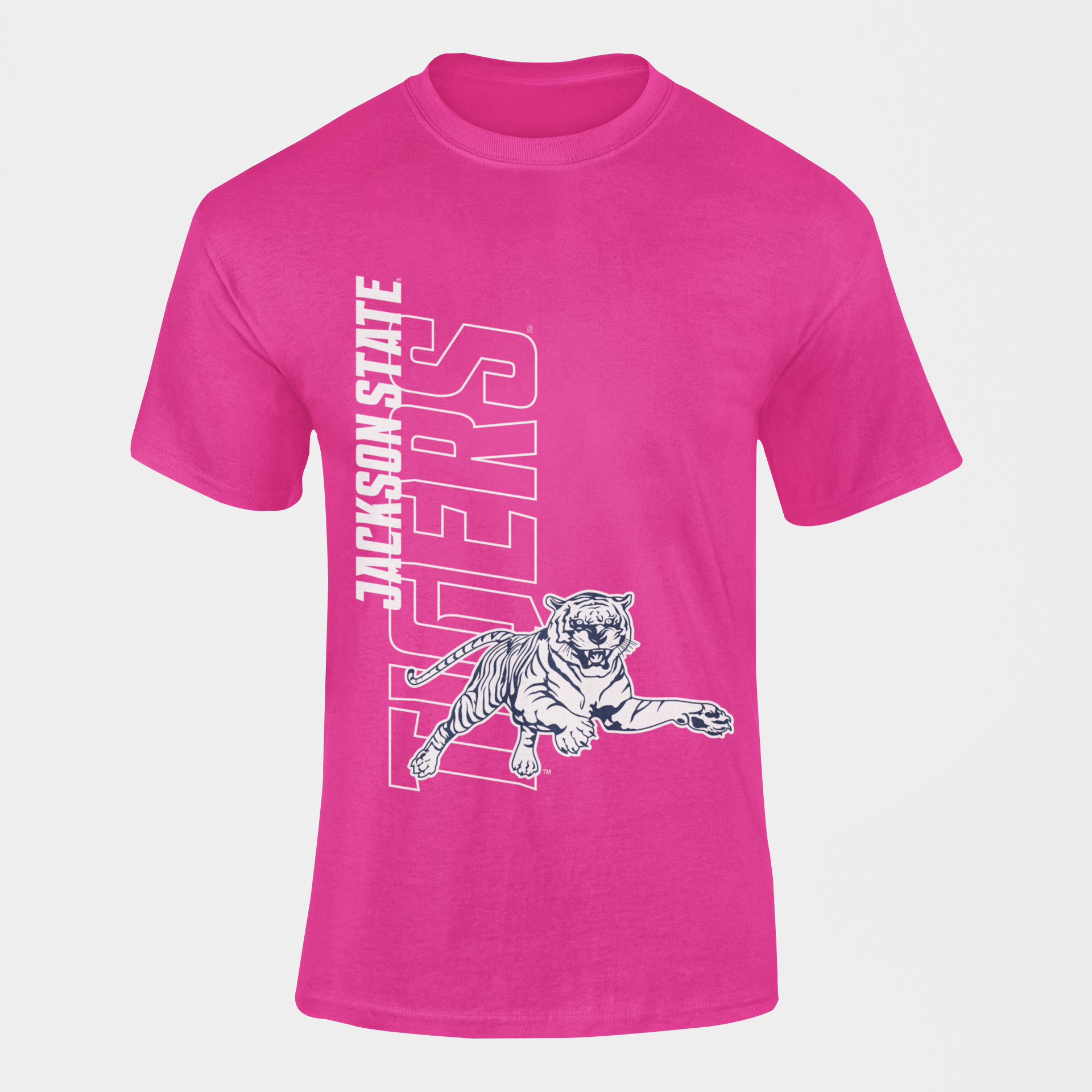 Unisex crewneck fuchsia pink T-shirt with Jackson State tiger logo graphic