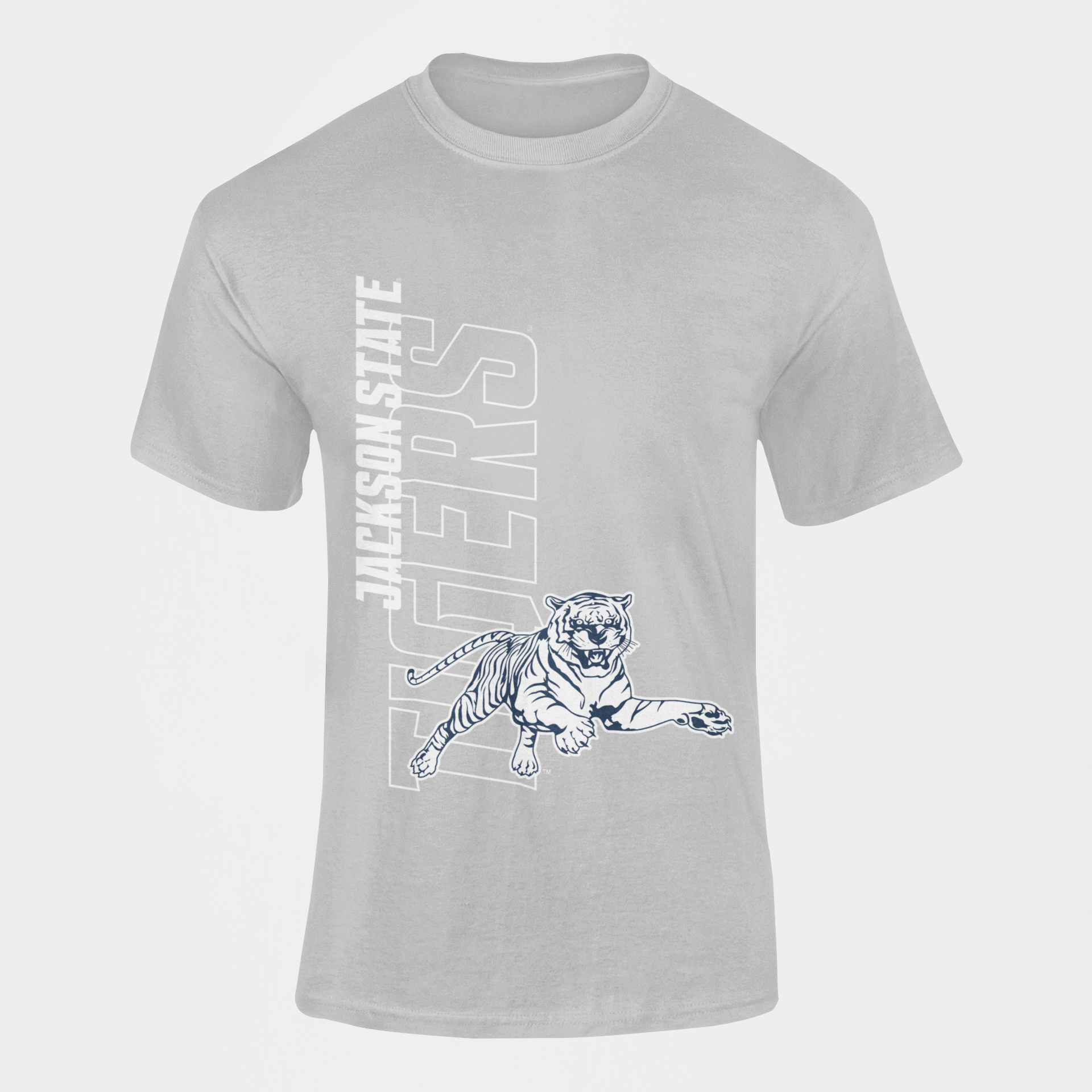 Unisex crewneck heather gray T-shirt with Jackson State tiger and logo graphic