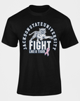 Black unisex crewneck T-shirt with tiger fight graphic and pink ribbon awareness
