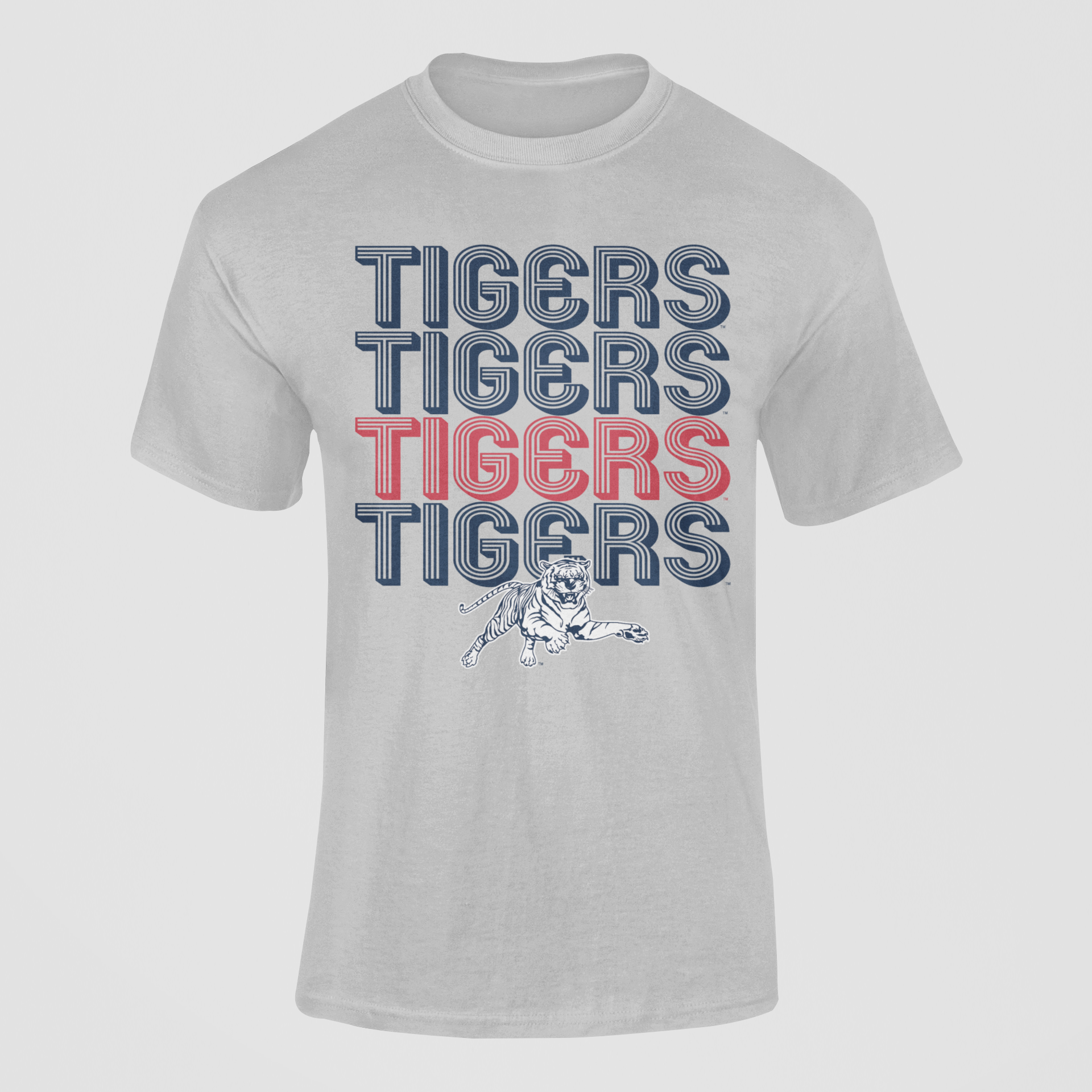 Athletic heather grey youth crewneck t-shirt with stacked TIGERS logo graphic in blue and red