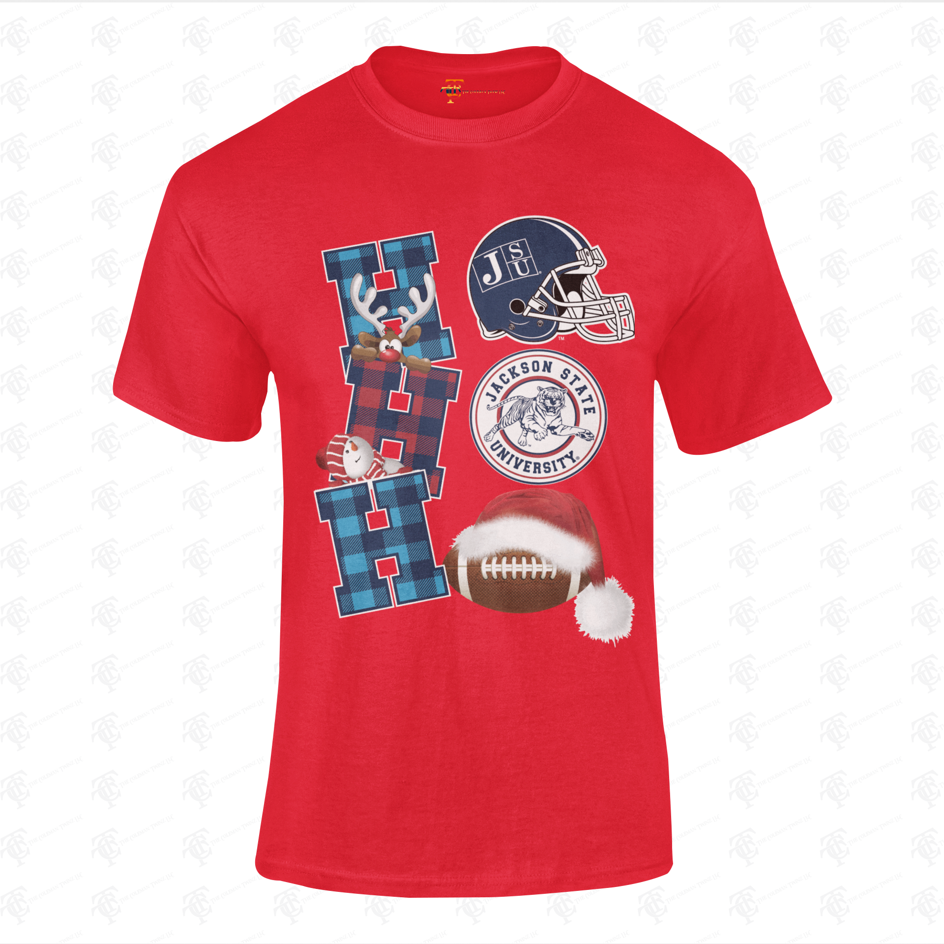 Youth Christmas crew-neck T-shirt, red graphic letter with helmet and football
