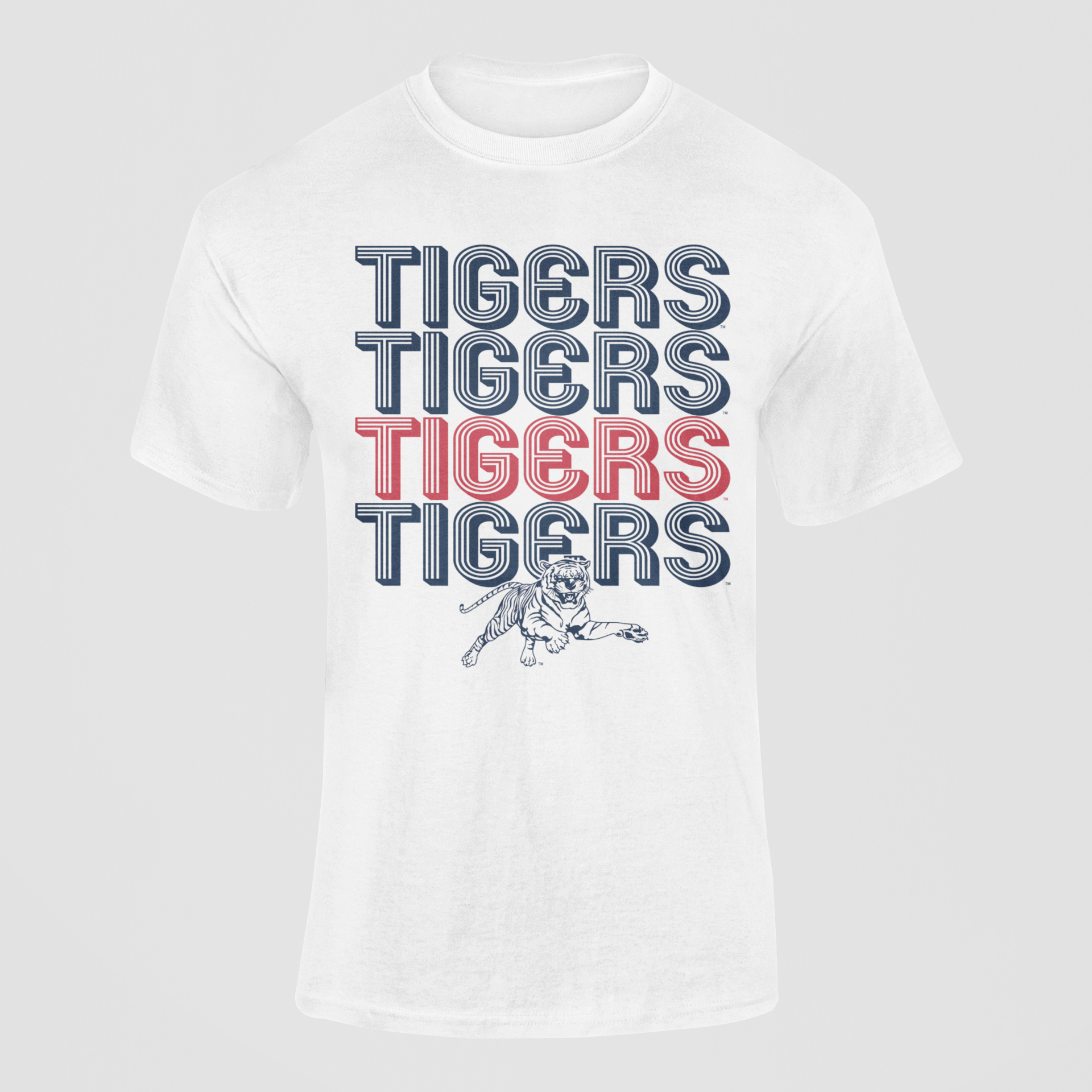 White youth crewneck t-shirt with stacked TIGERS logo graphic in blue and red