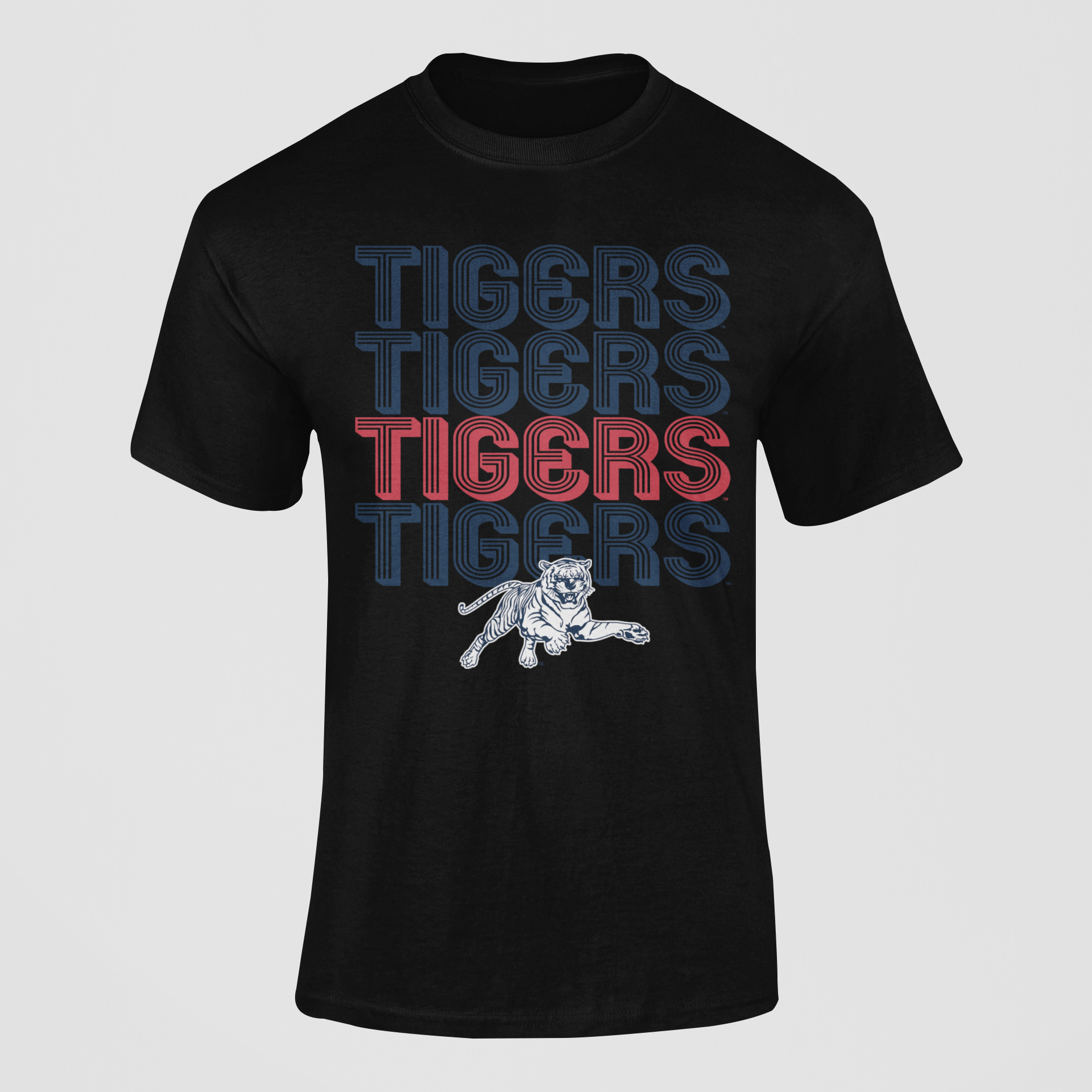 Black unisex crewneck T-shirt with Tigers stacked striped lettering and tiger logo
