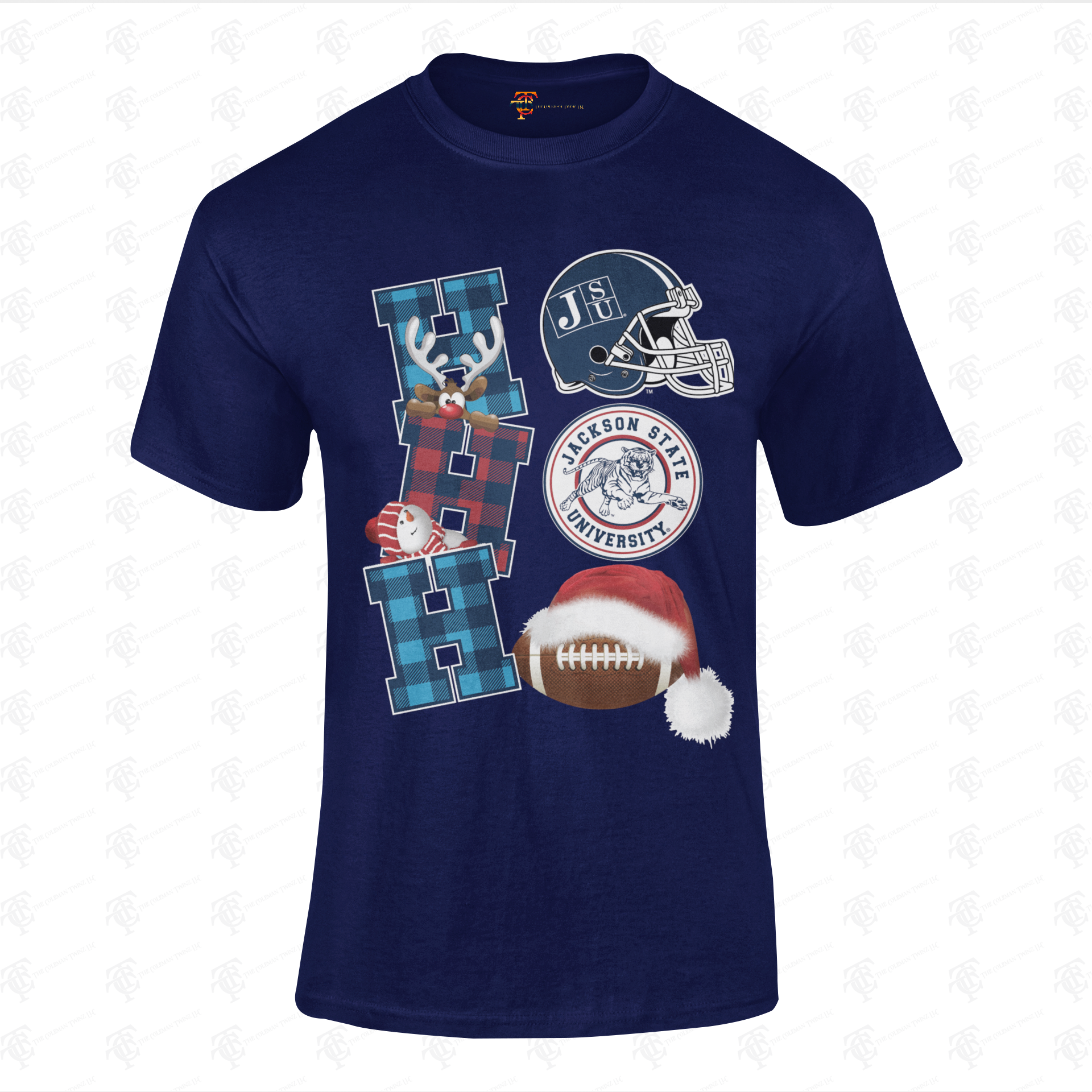 Youth Christmas crew-neck T-shirt, navy graphic letter with helmet and football