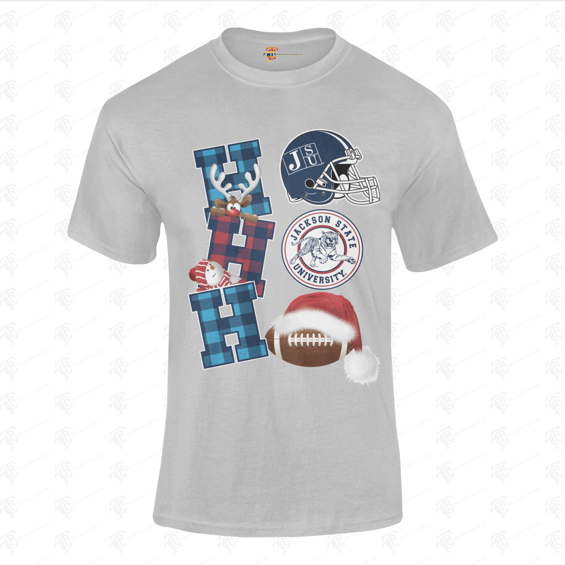 Youth Christmas crew-neck T-shirt, light gray graphic letter with helmet and football