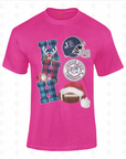 Pink unisex crewneck t-shirt with Jackson State Tigers holiday football graphic