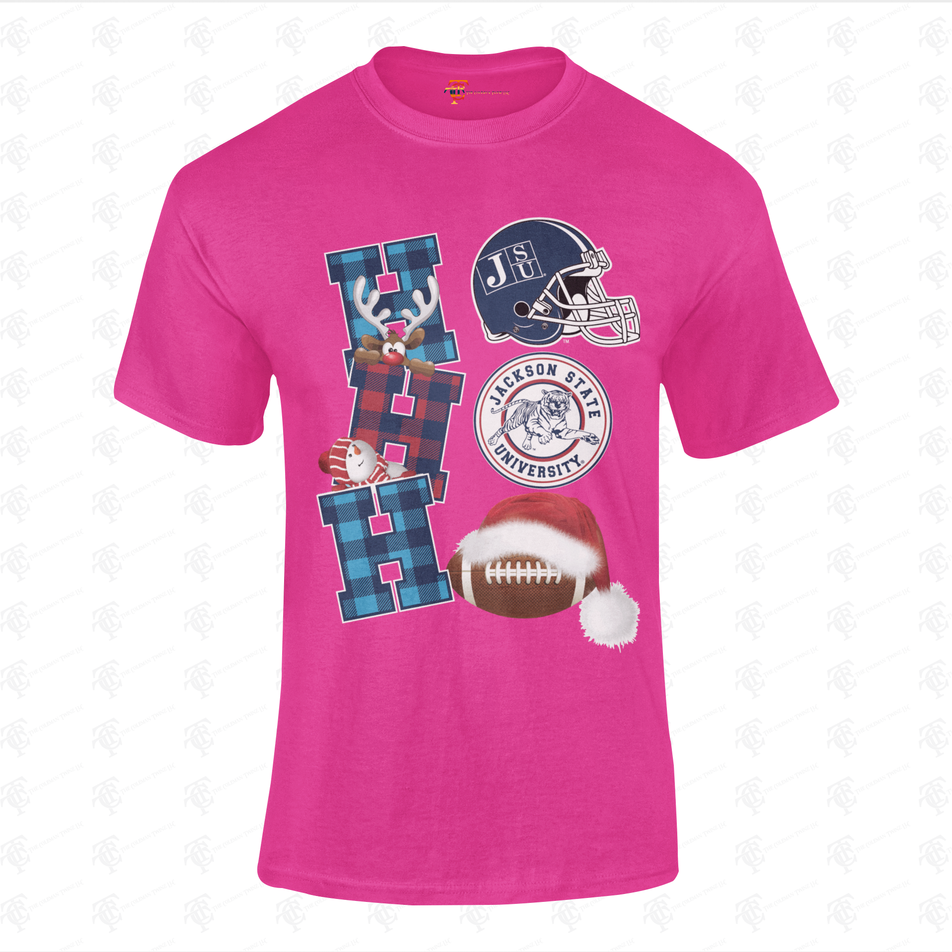 Youth Christmas crew-neck T-shirt, pink graphic letter with helmet and football