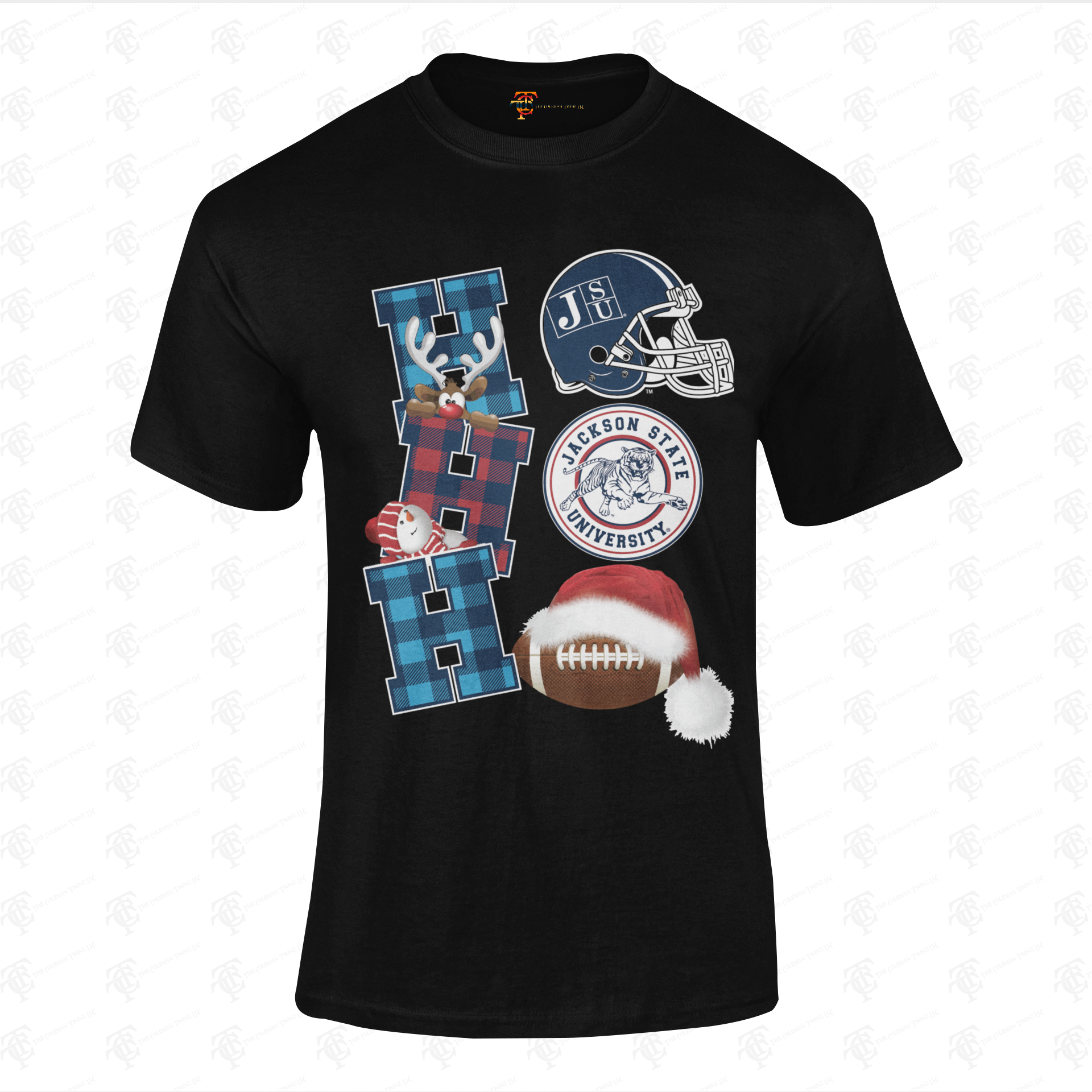 Youth Christmas crew-neck T-shirt, dark graphic letter "J" with helmet and football