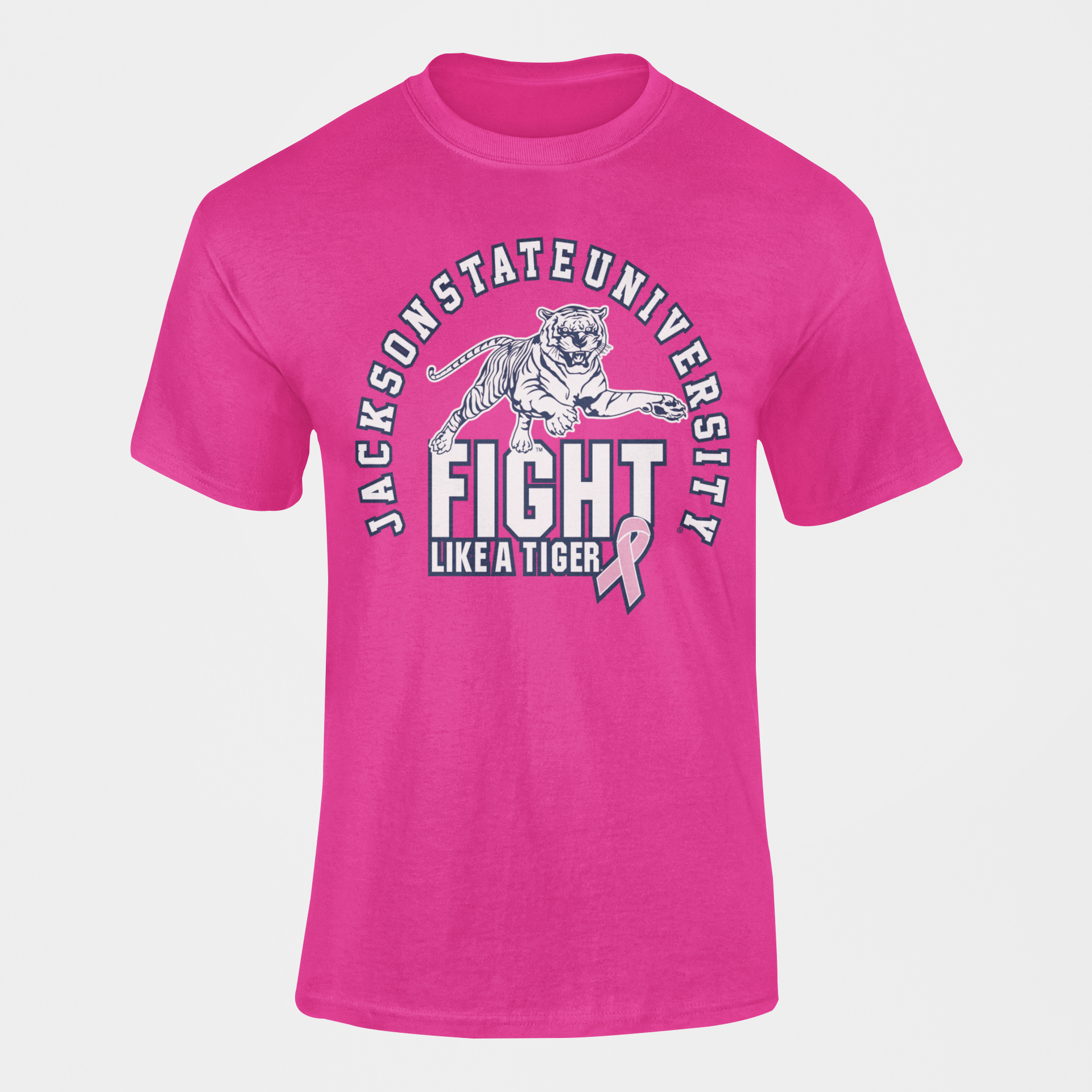 Pink unisex crewneck T-shirt with tiger fight graphic and awareness ribbon
