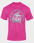 Pink unisex crewneck T-shirt with tiger fight graphic and awareness ribbon