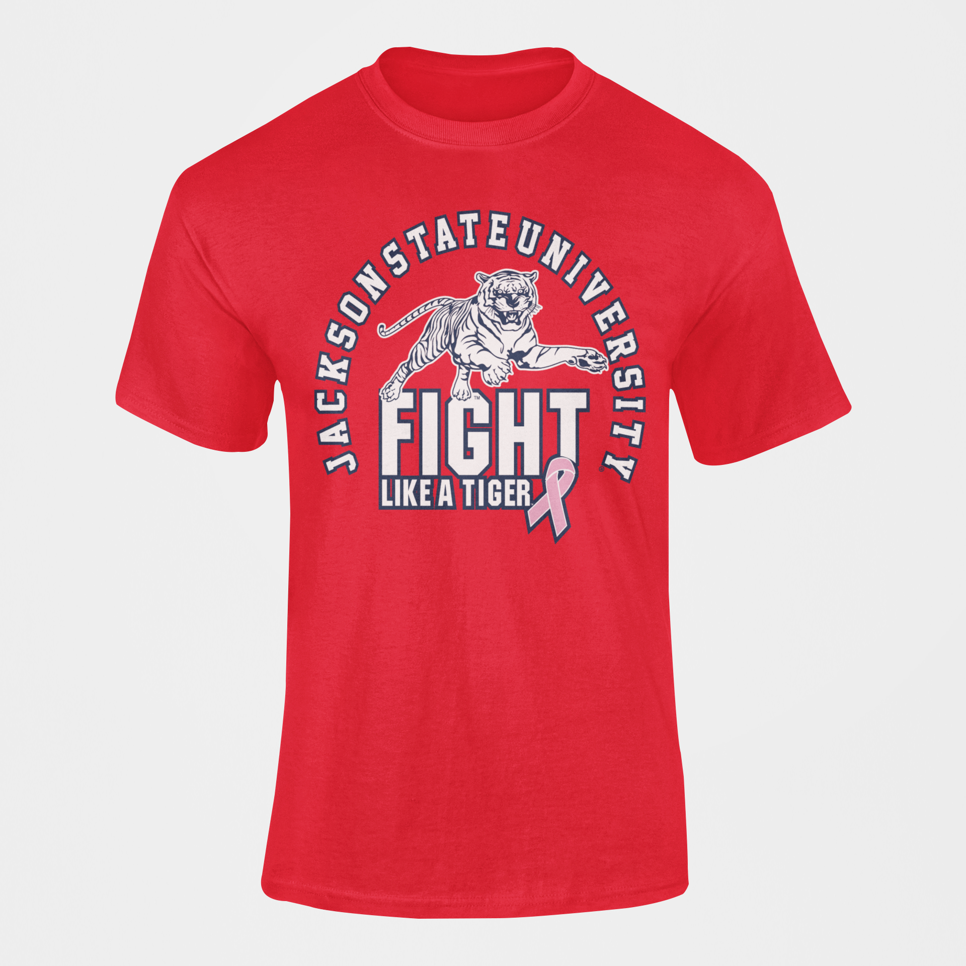 Red unisex crewneck T-shirt with tiger fight graphic and pink ribbon awareness