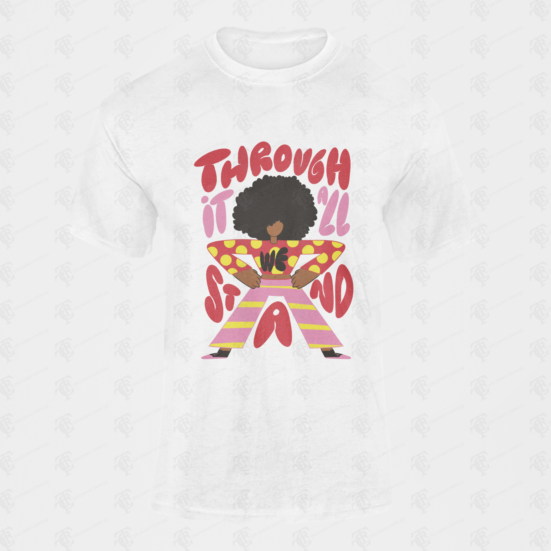 Unisex short-sleeve T-shirt, white, large colorful front graphic of figure and hands