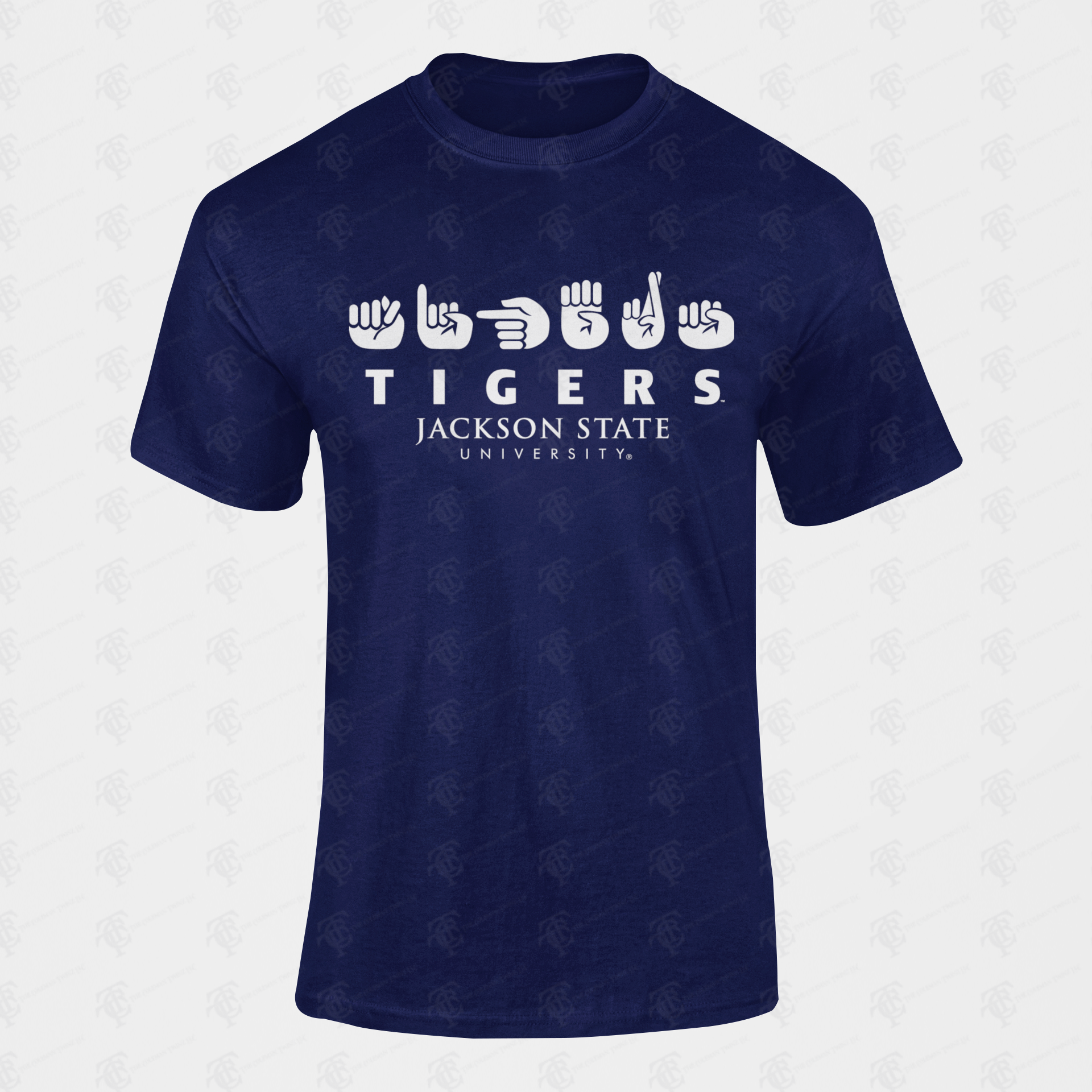 Unisex crew neck T-shirt, navy blue with Tigers and Jackson State University logo