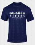 Unisex crew neck T-shirt, navy blue with Tigers and Jackson State University logo