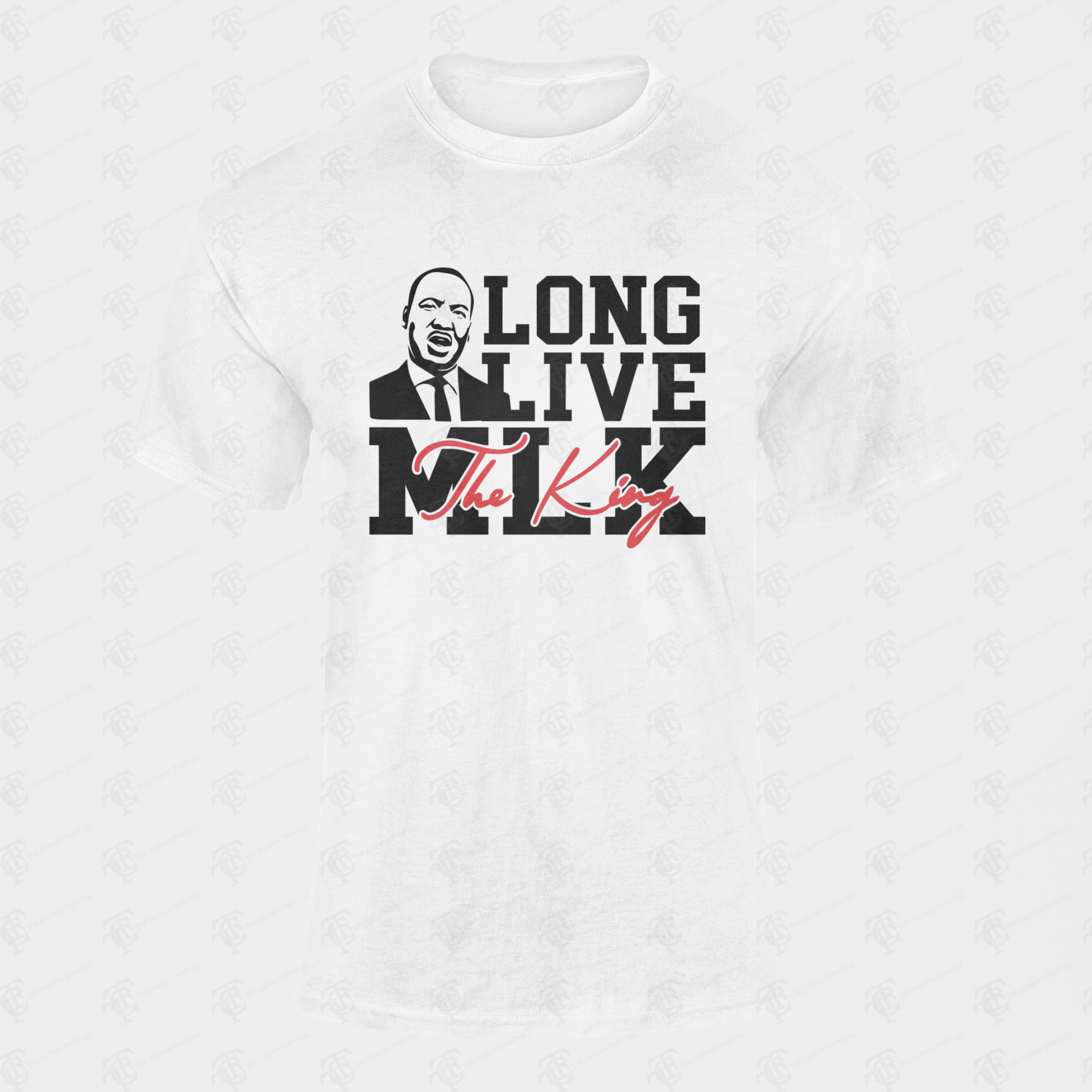 White crewneck T-shirt with "LONG LIVE The King" front graphic