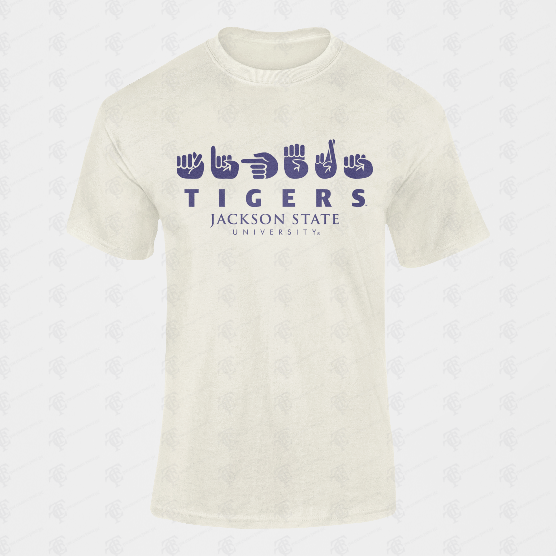 Cream unisex crew-neck T-shirt with blue “Tigers” and “Jackson State University” logo