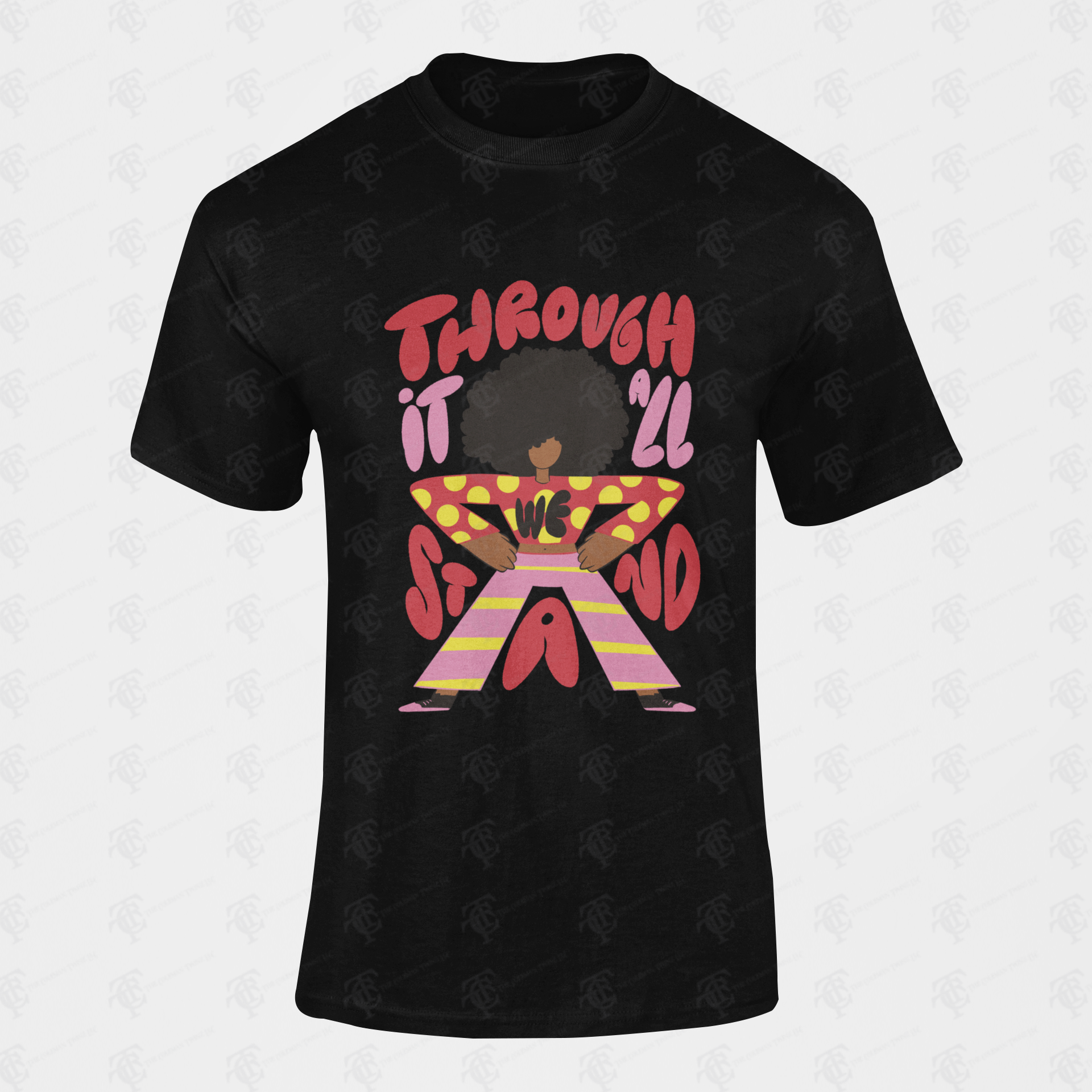 Unisex short-sleeve T-shirt, black, with large colorful front graphic