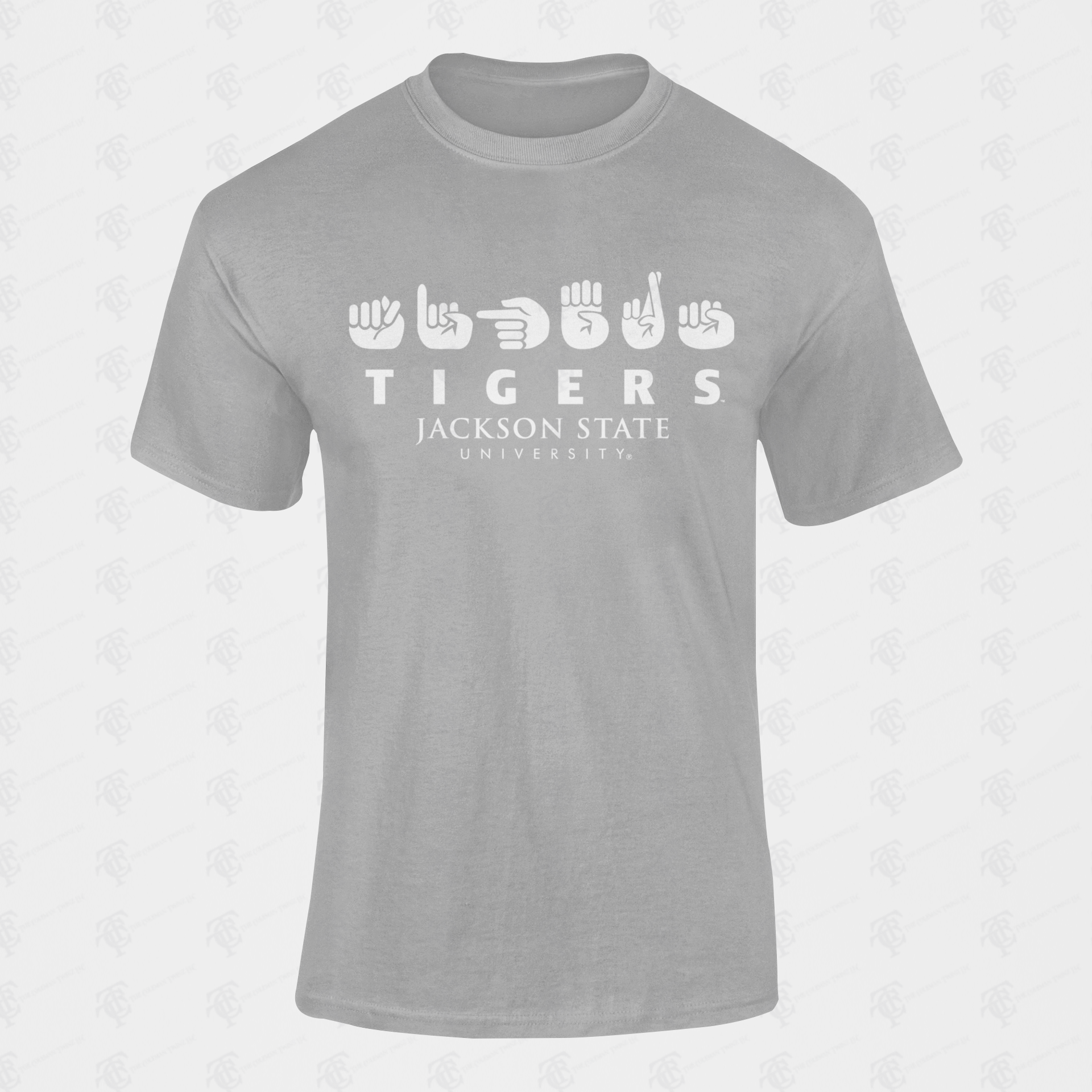 Unisex crew neck T-shirt, athletic heather gray with Tigers and Jackson State University logo
