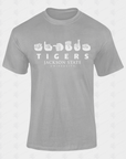 Unisex crew neck T-shirt, athletic heather gray with Tigers and Jackson State University logo