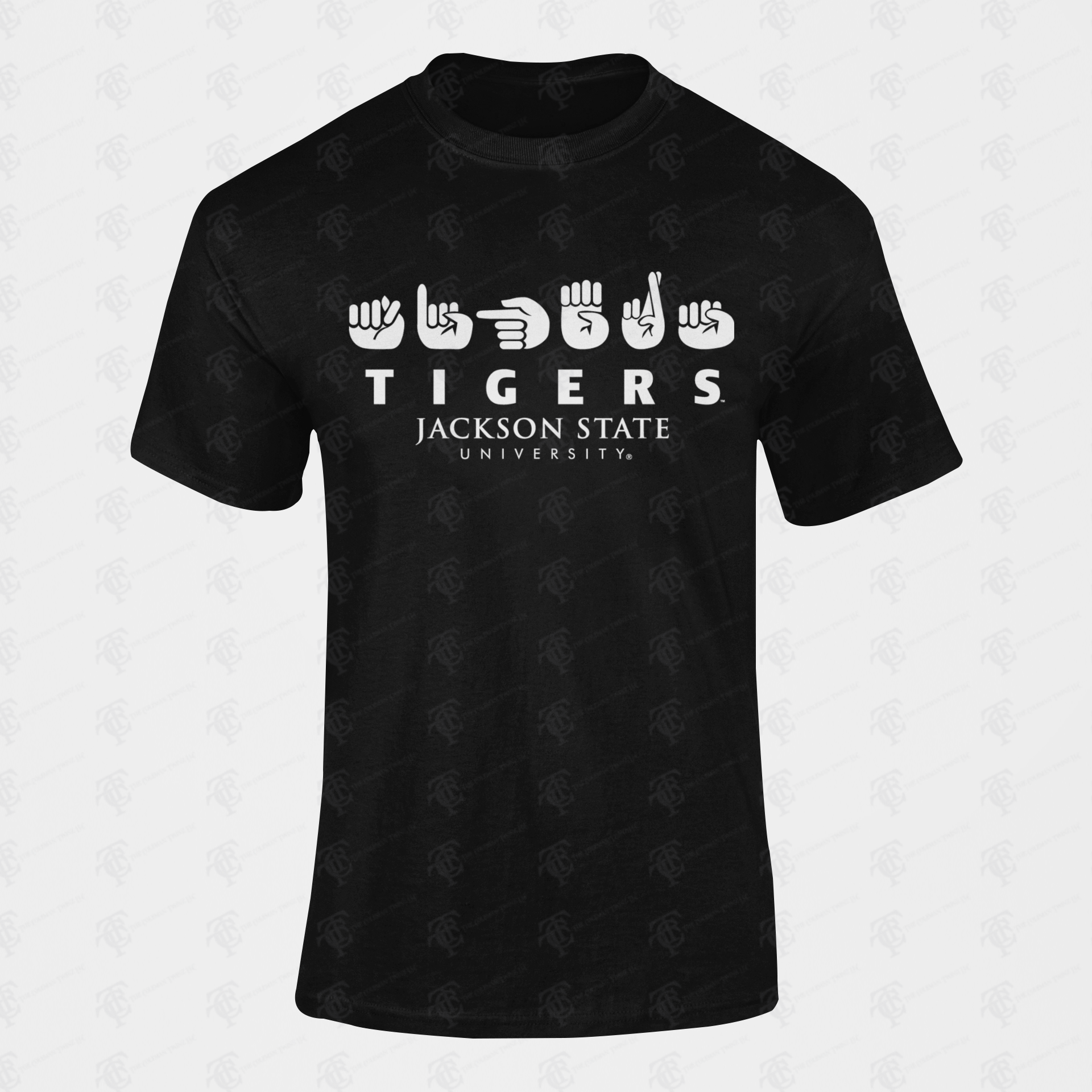 Unisex crew neck T-shirt, black with Tigers and Jackson State University logo