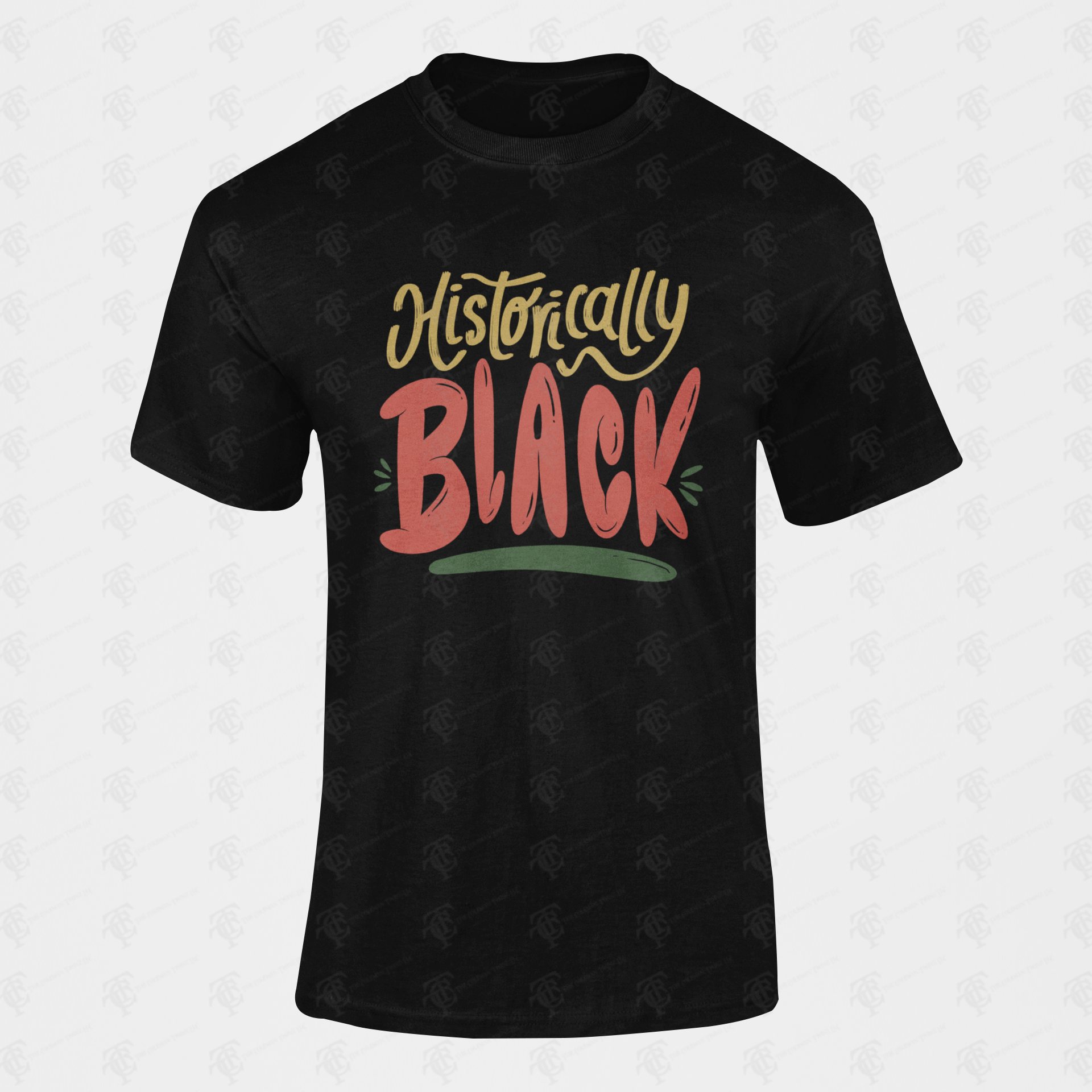 Unisex crewneck t-shirt, black with multicolor “Historically Black” front graphic