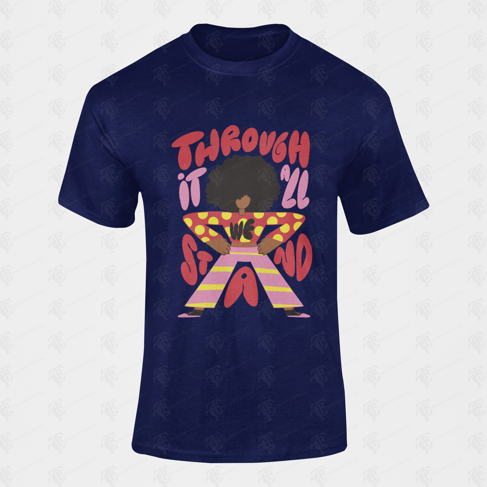 Unisex short-sleeve T-shirt, navy blue, large colorful front graphic