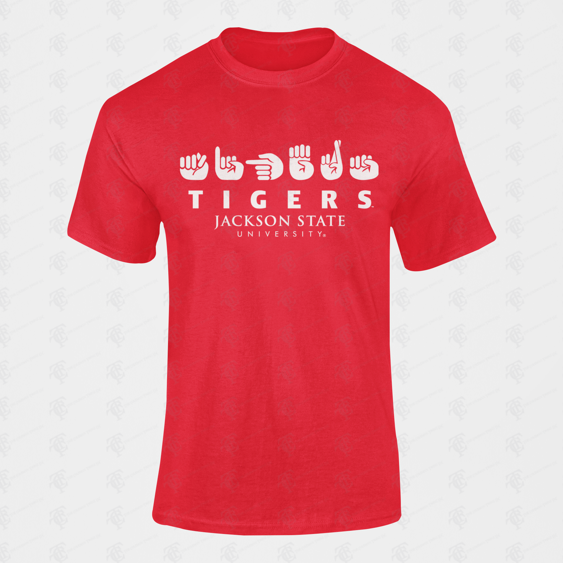 Unisex crew neck T-shirt, red with Tigers and Jackson State University logo