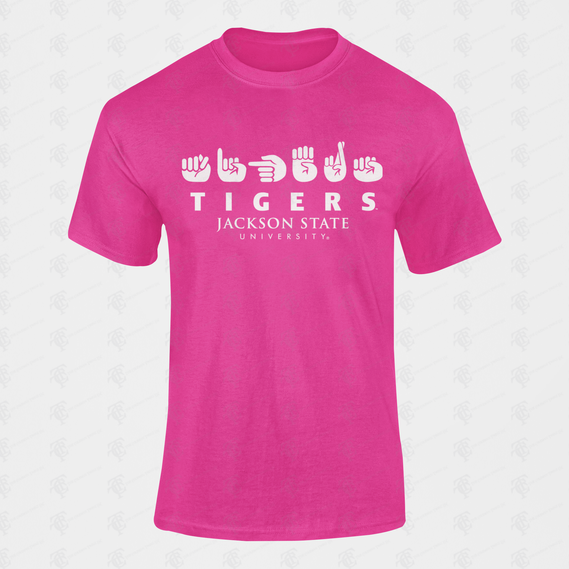 Youth crew-neck T-shirt in pink with white Tigers graphic and Jackson State lettering