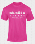 Unisex crew neck T-shirt, pink with Tigers and Jackson State University logo