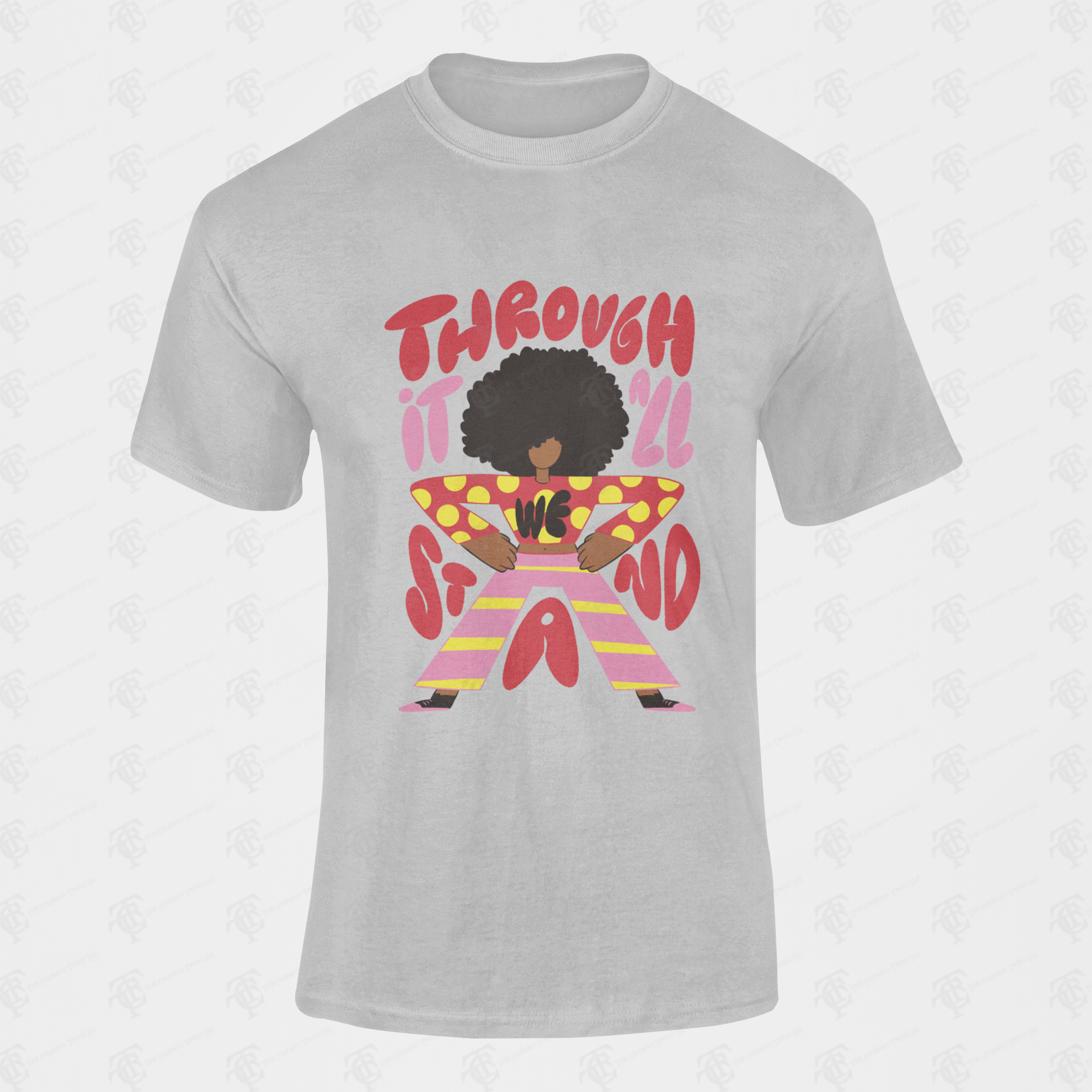 Unisex short-sleeve T-shirt, athletic heather gray, large colorful front graphic