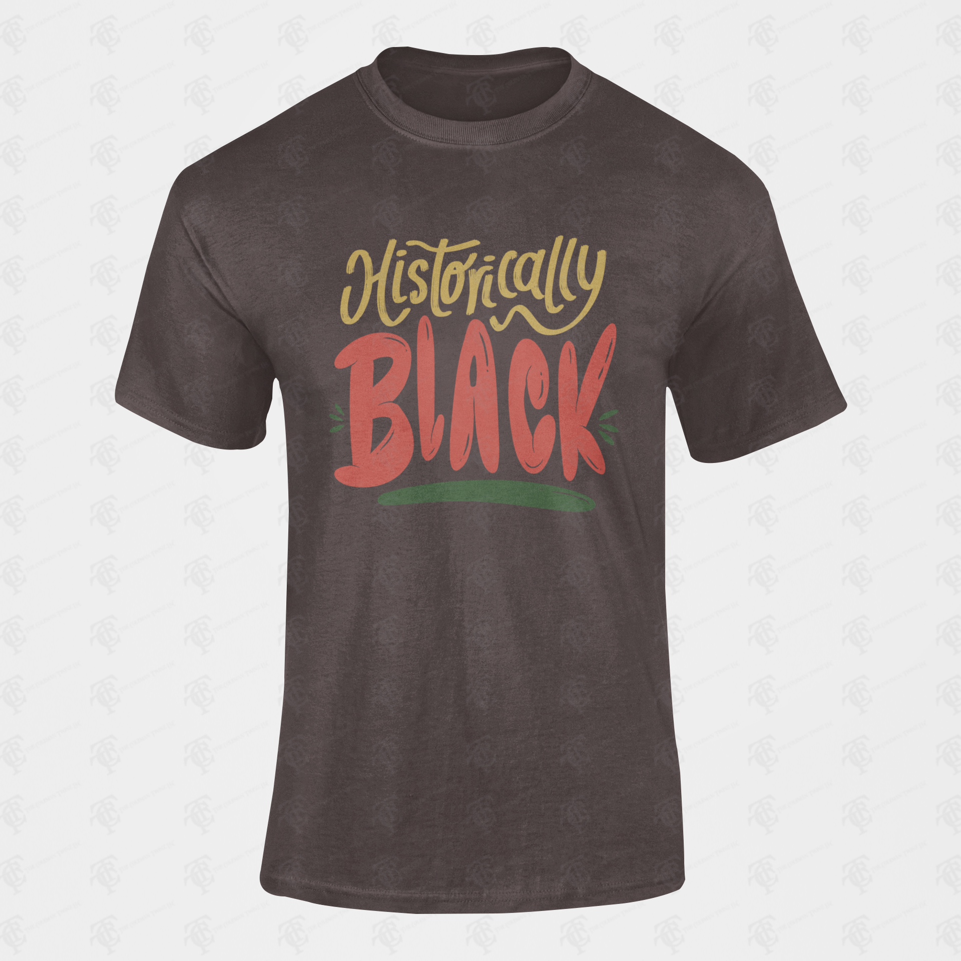 Unisex crewneck t-shirt, brown with multicolor “Historically Black” graphic