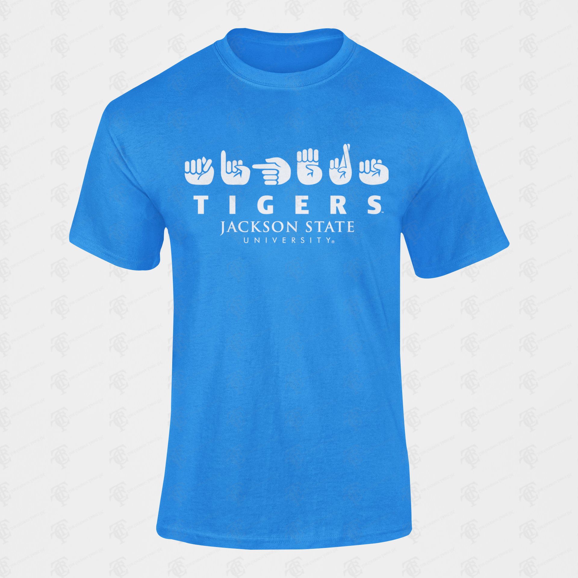 Unisex crew neck T-shirt, royal blue with Tigers and Jackson State University logo