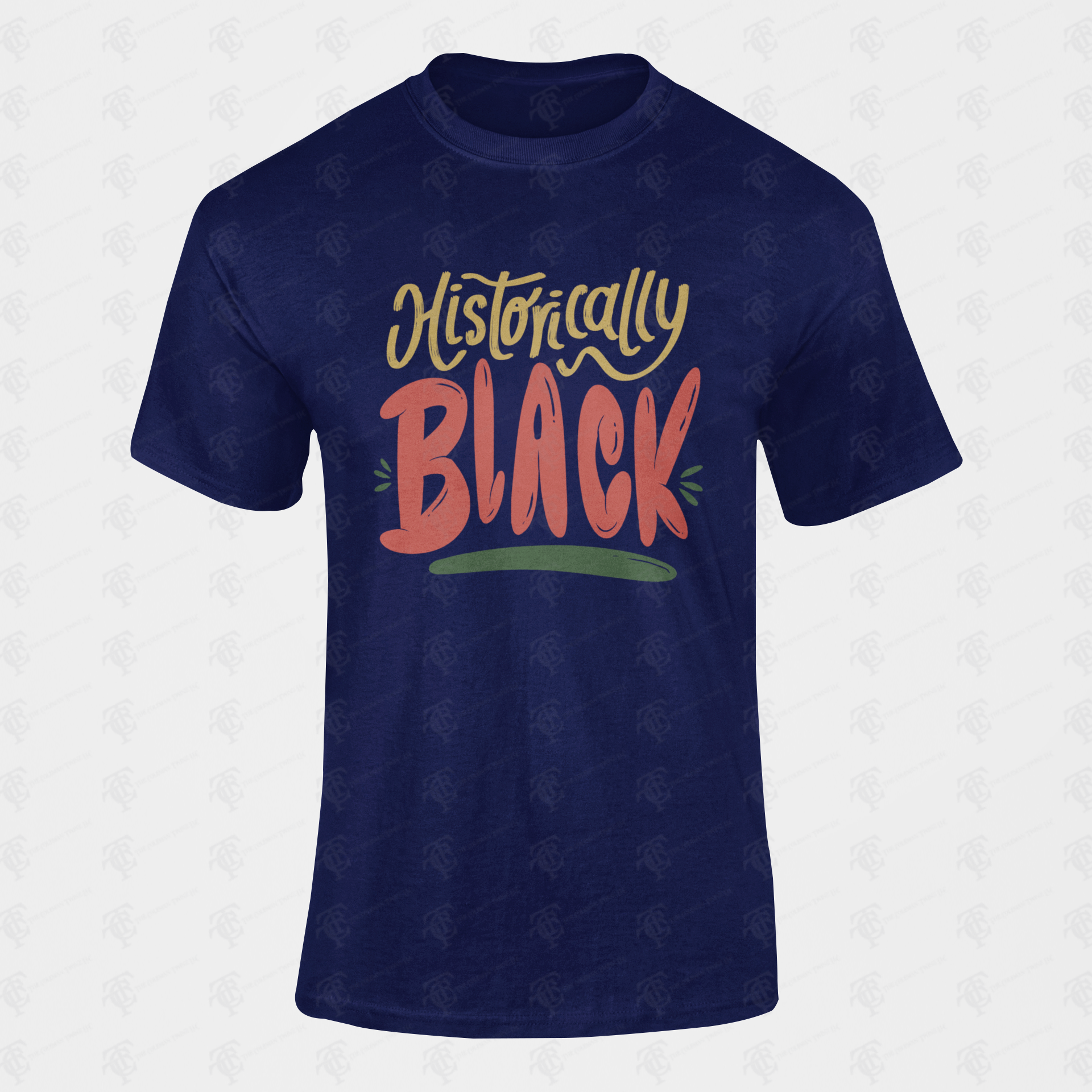 Unisex crewneck t-shirt, navy blue with multicolor “Historically Black” graphic