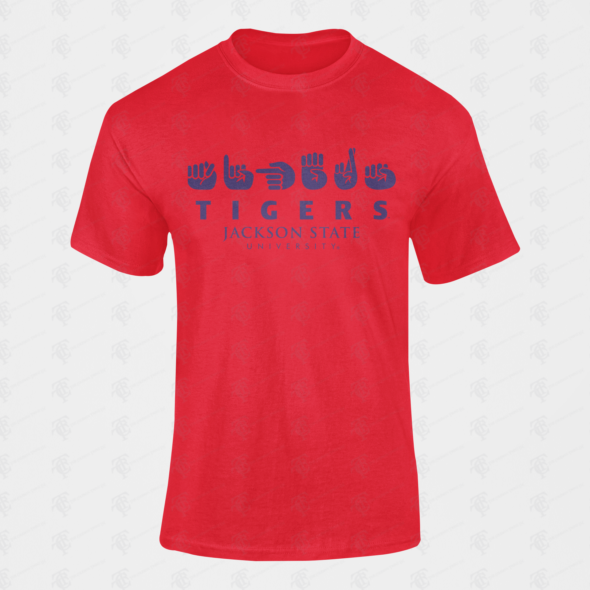 Red unisex crew-neck T-shirt with blue “Tigers” and “Jackson State University” logo