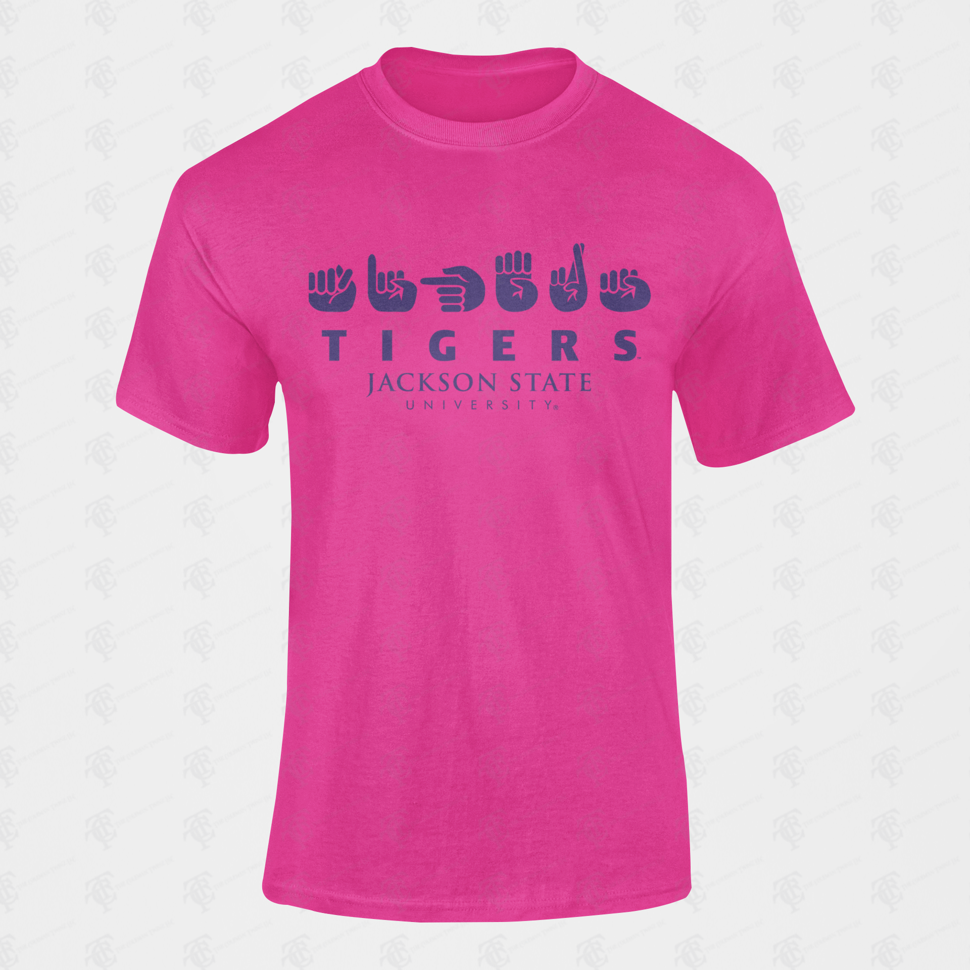 Pink unisex crew-neck T-shirt with blue “Tigers” and “Jackson State University” logo